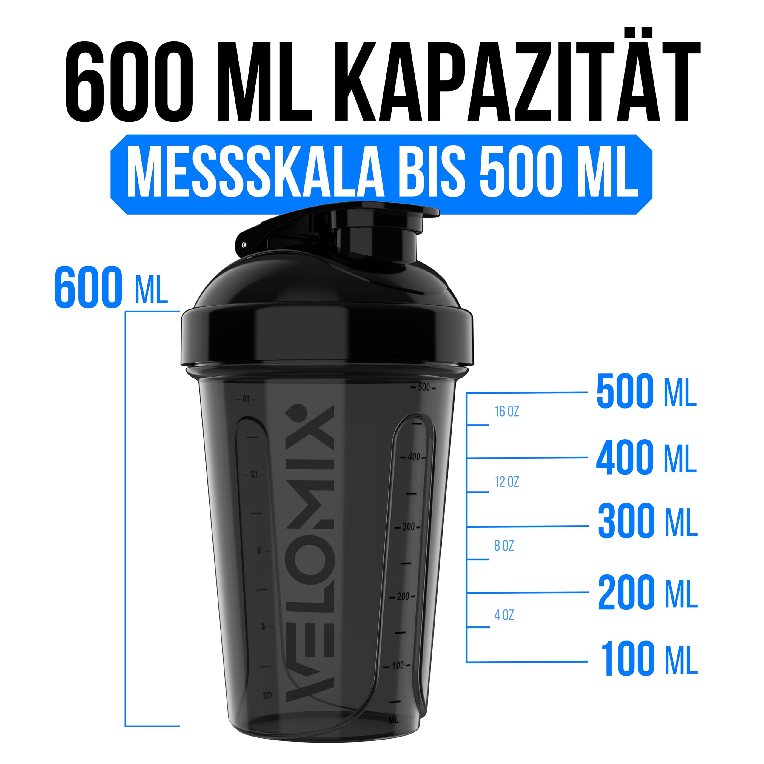 VELOMIX -2 PACK- 600ml Eiweiß Shaker - Auslaufsicher Shaker Proteinshake Mit 2x Kugel | Drehverschluss & Mess-Skala Shake Becher | Spülmaschinengeeignet & Stackable Protein Shaker (Black/Transparent)