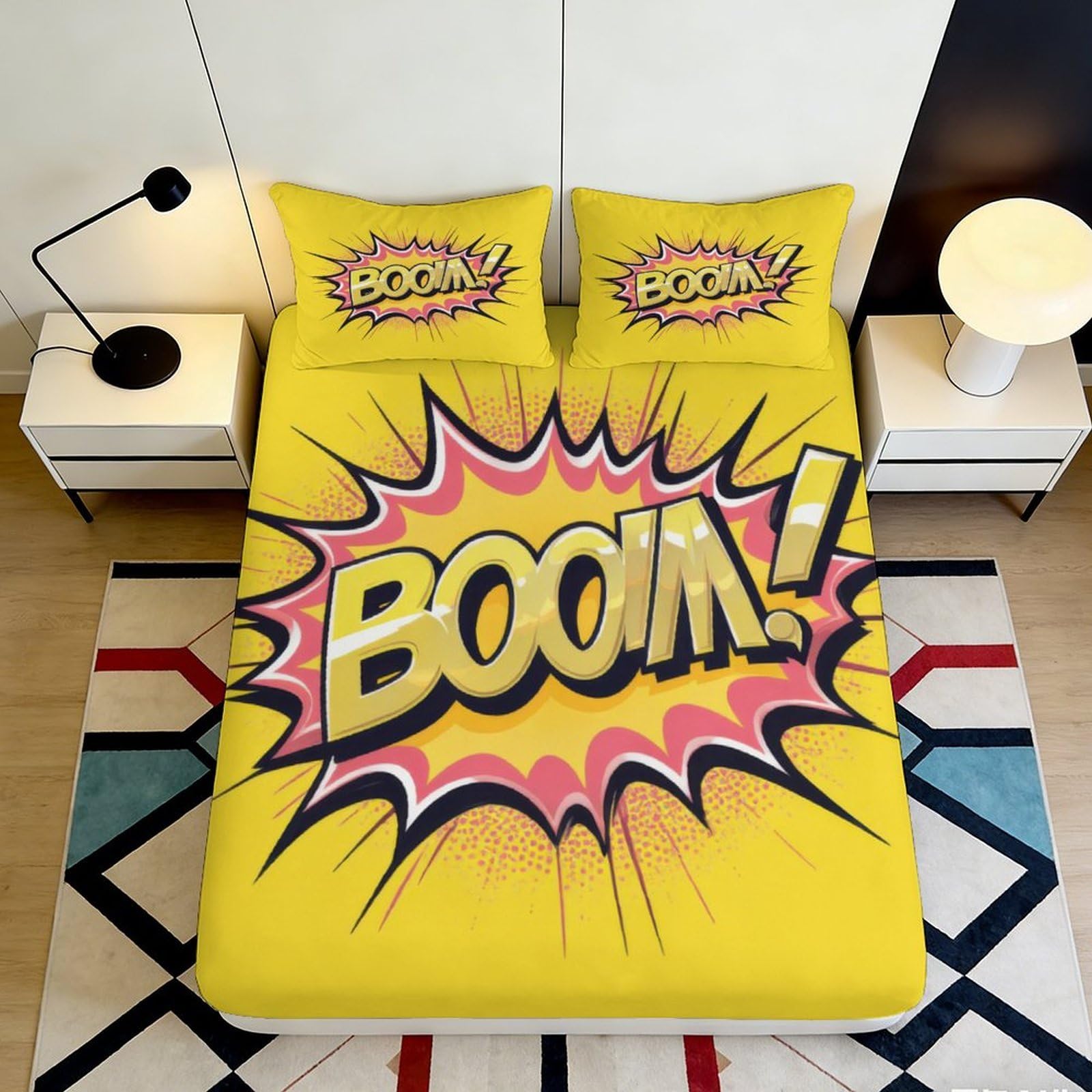 3D Printed Comic Boom Yellow Fitted Sheet Microfiber Soft Anti-Slip Bed Sheet for Bedroom Dorm Protective Decor 90x200x25cm