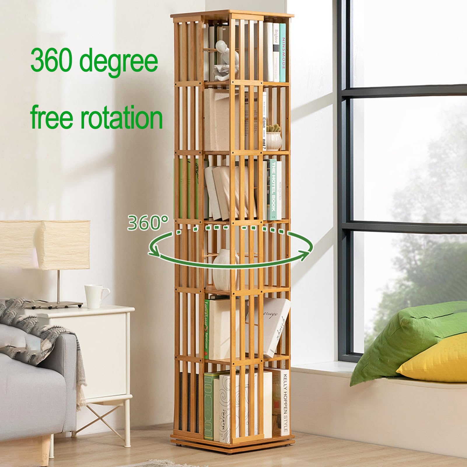 Biblioteca giratoria de bambú a niveles, estante giratorio de 360° con vitrina de esquina, estante para libros y decoración - Estantería de almacenamiento para niños y adultos - Biblioteca