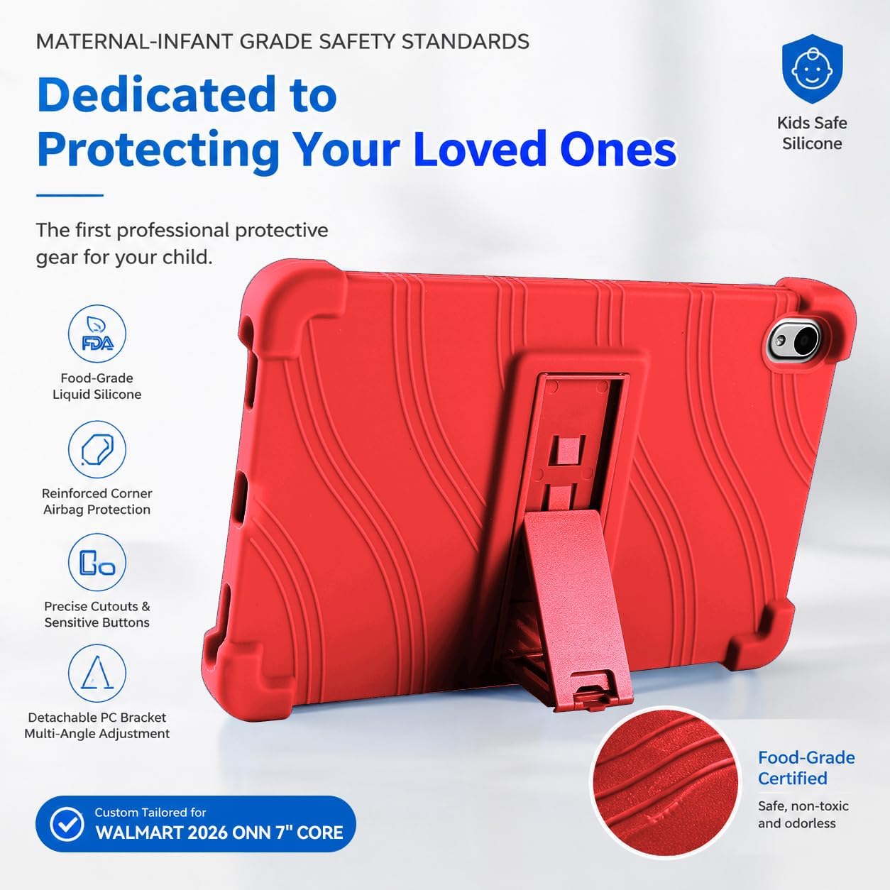 Case for onn 7" Tablet 2026 Gen 5 – Soft Silicone Shockproof Cover with Kickstand, Kid-Friendly (Red) image 5