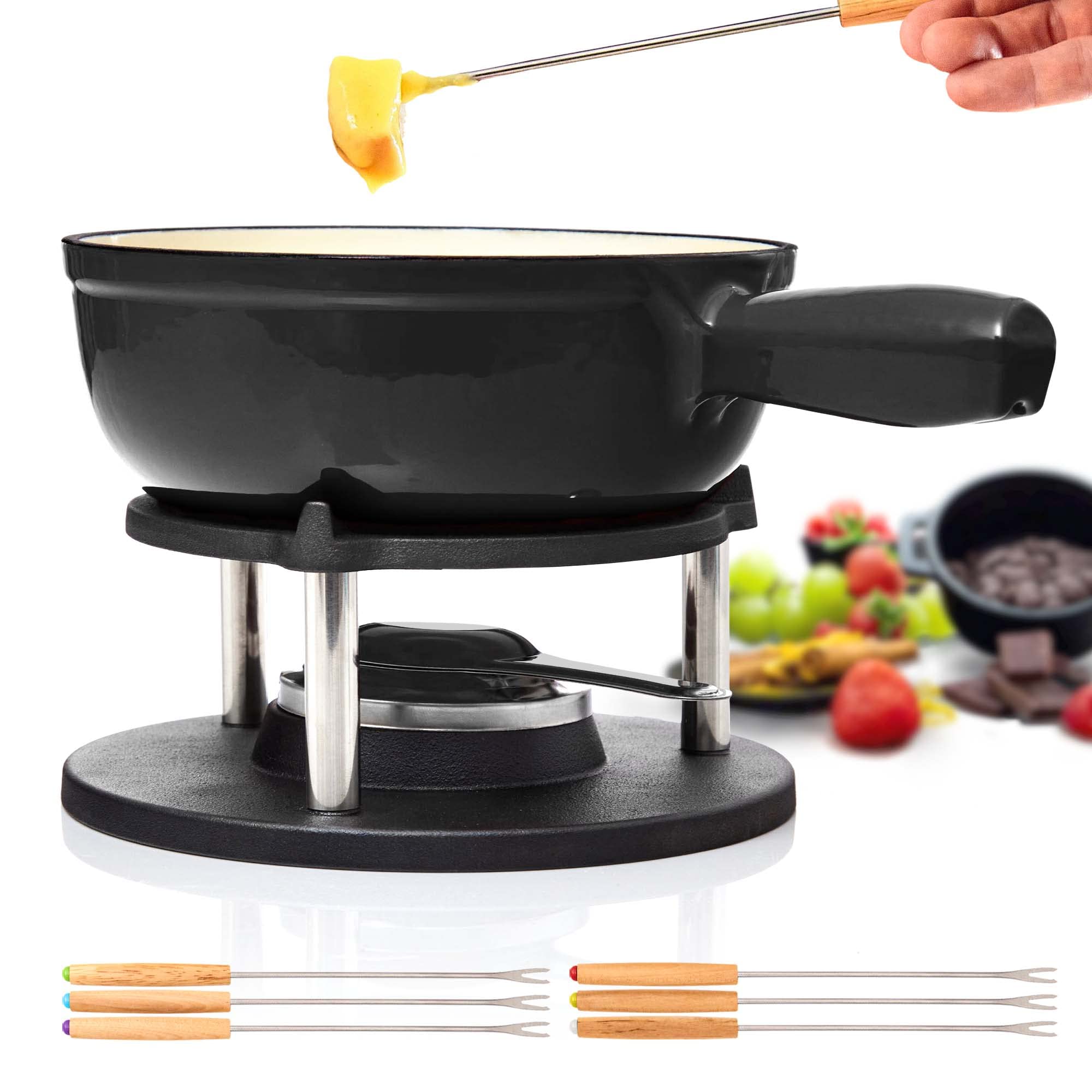 Gusseisen Fondue Set für 6 Personen - 2 Liter - Fondueset 9-teilig mit Brenner und 6 Gabeln - mit Emaille-Beschichtung - geeignet für Käsefondue Schokofondue Fleischfondue Gemüsefondue