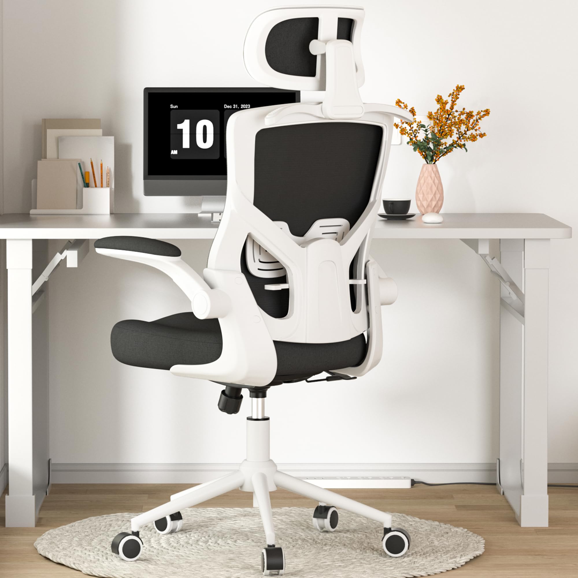 FOKESUN - Silla ergonómica de oficina, silla de computadora de malla con respaldo alto con cojín de espuma moldeada gruesa, percha de ropa, reposacabezas ajustable, soporte lumbar, función de - White Frame Black