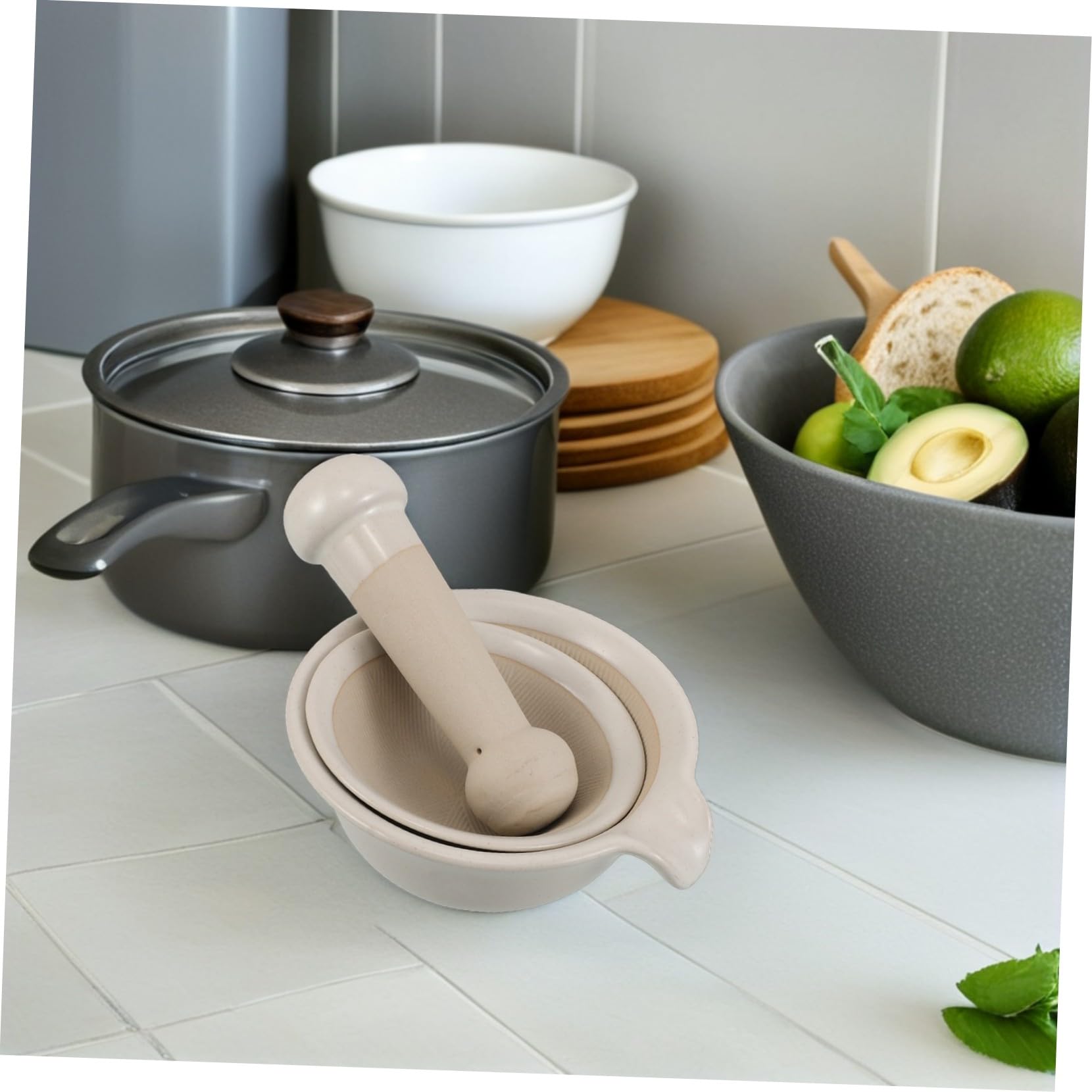 Food Masher Set Keramik Japanischer Stil Mahl Fütterungsschale mit Stößel Tragbar Leicht zu Reinigen Geruchsresistent für Glatte Babybreie und Babynahrung