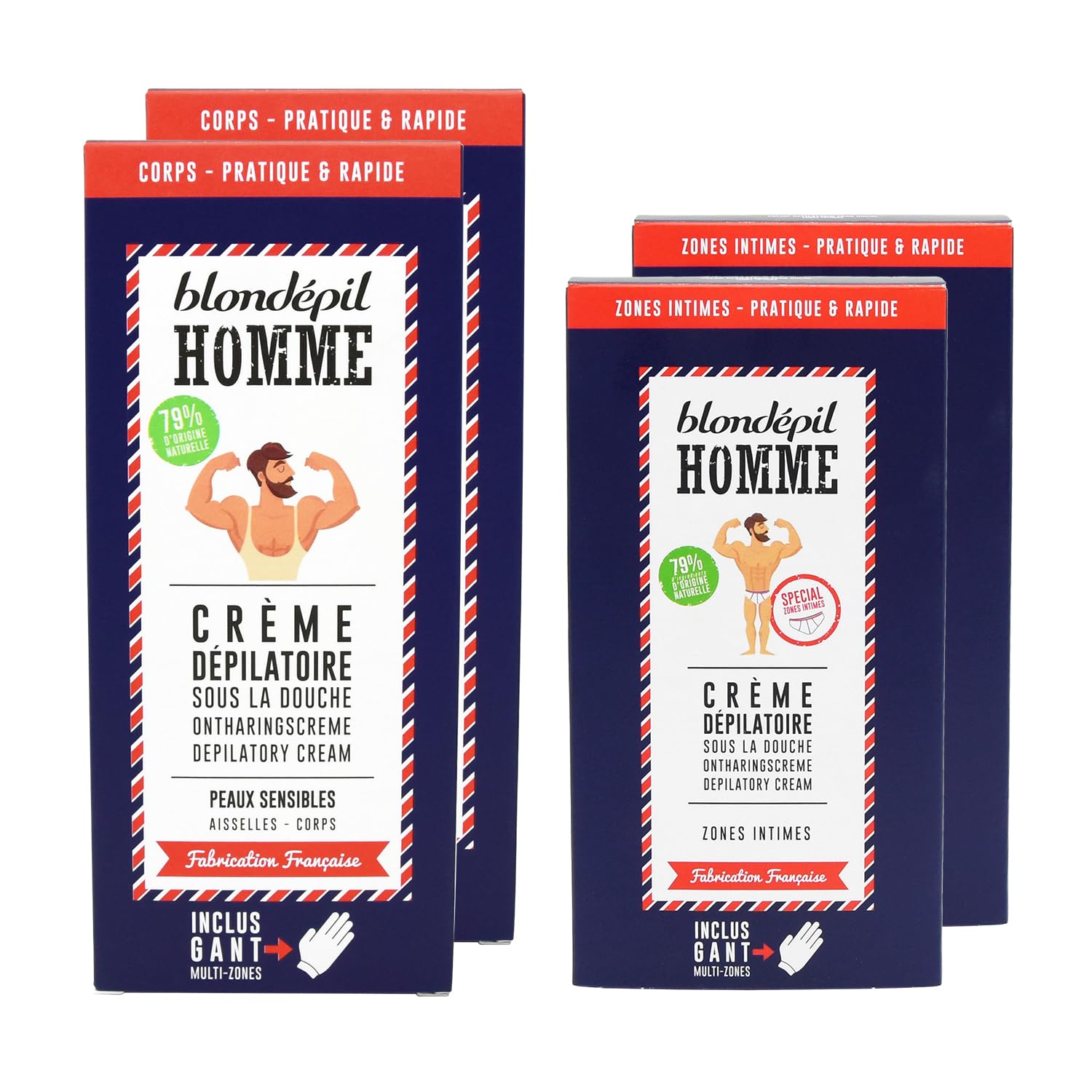 Blondépil Homme - Pack de 4 - Crema depilatoria hombre cuerpo x2 & Crema depilatoria hombre genitales x2, Piel Sensible, Sin Irritación, Fabricado en Francia