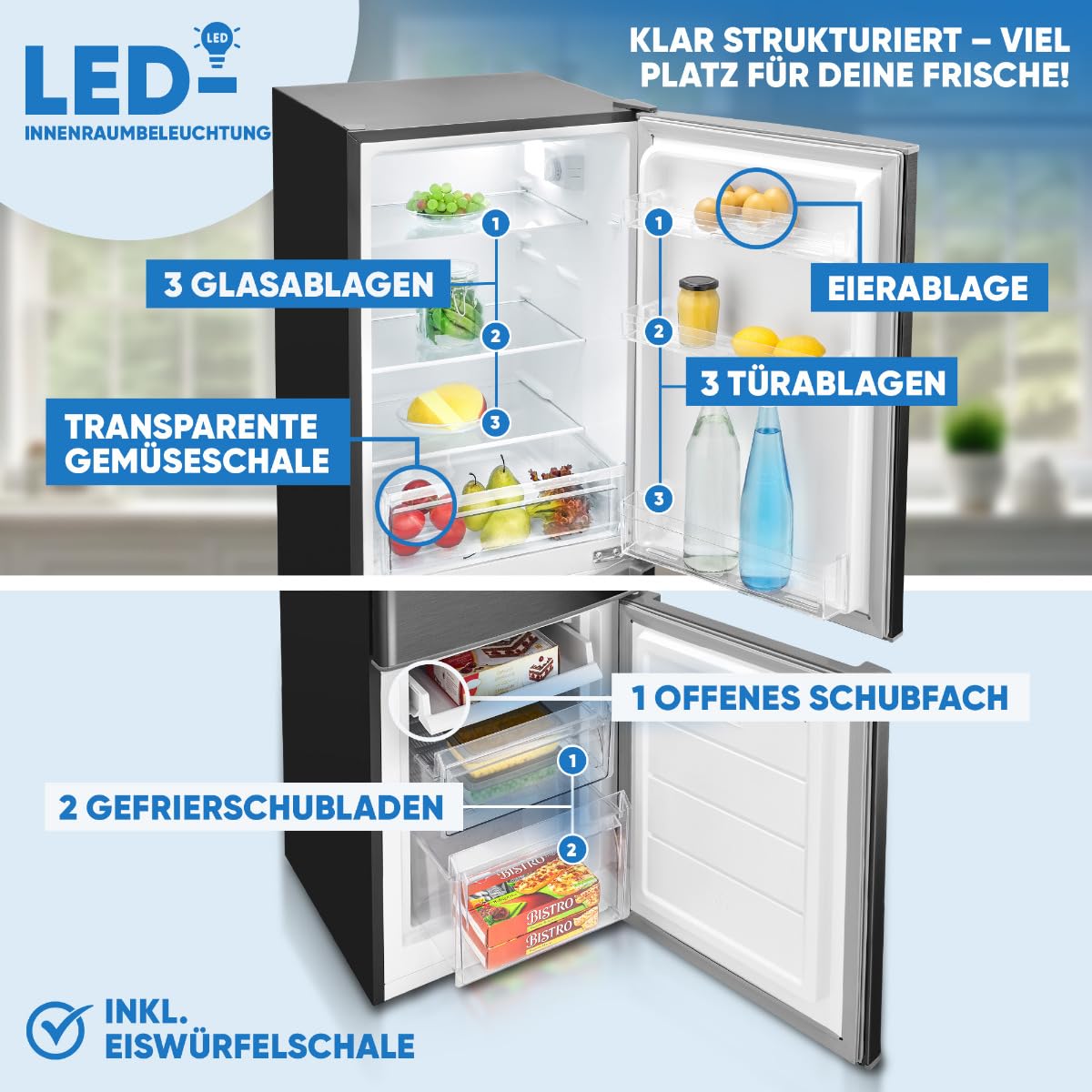 Bomann, Réfrigérateur et Congélateur 173L KG7359-Noir, 121L Réfrigérateur, 52L Congélateur 4 Étoiles, Contrôle Température, Éclairage LED, Design Réversible, Idéal pour Cuisine Moderne