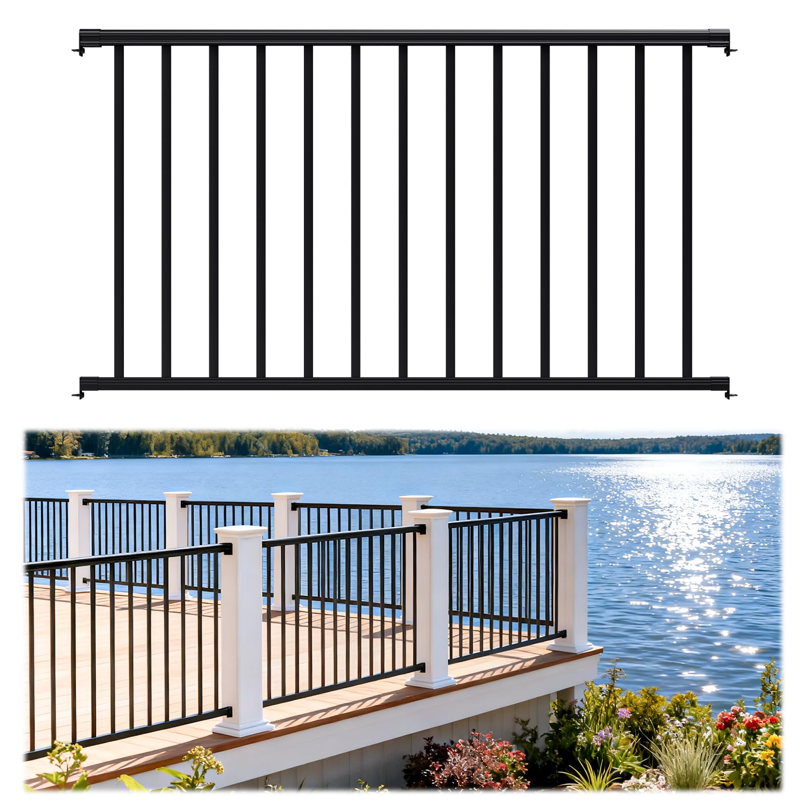Egadis 1 Pack 36 in. H x 5 ft. W Porch and Deck Railing Kit Without Post, Black Textured Powder-Coat Finish Modular Aluminum Railing System for Outdoor Decks, Porches & Balconies(1 Panel)