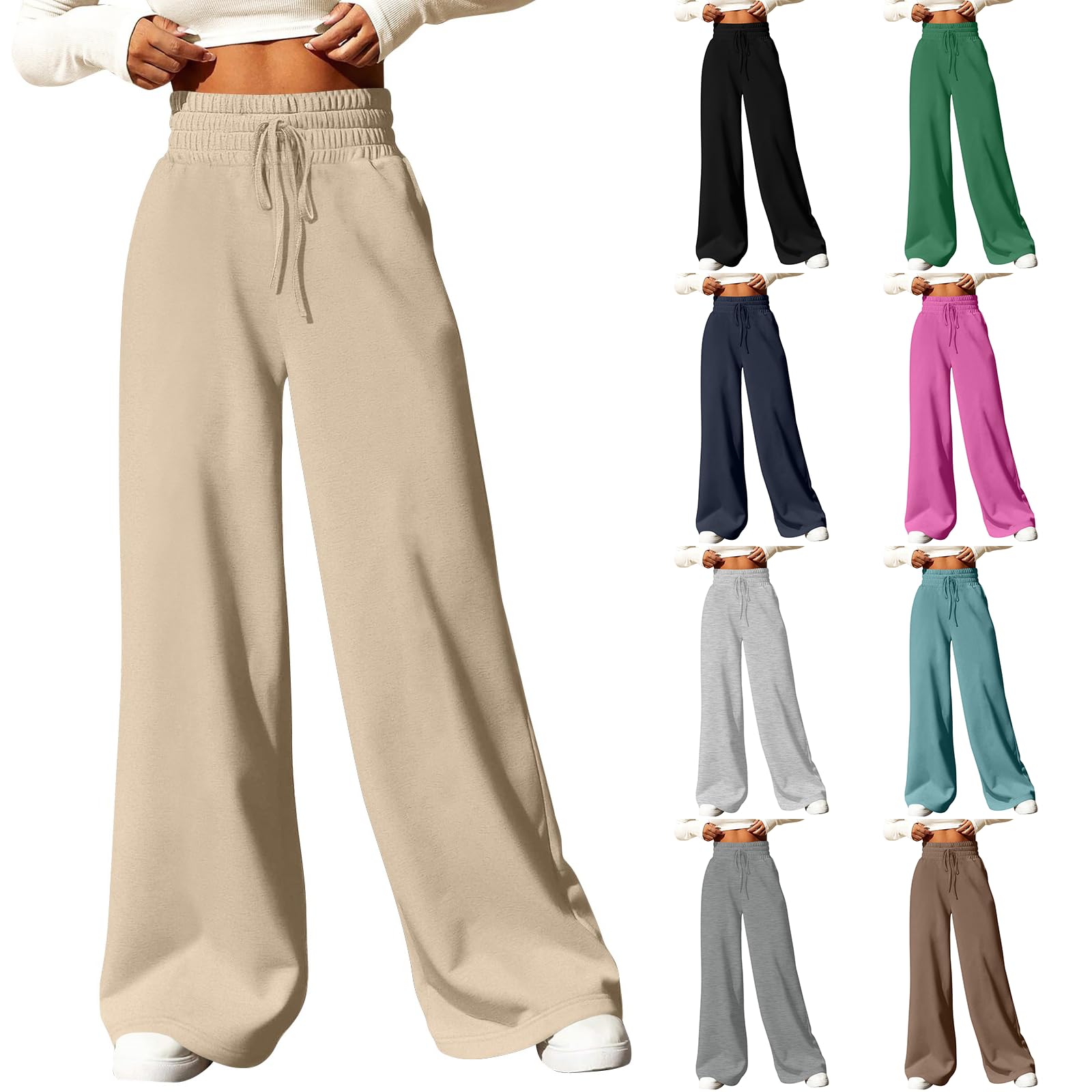 High Waisted Pants for Women Fold Over Tummy Control Baggy Sweatpants Cotton Casual Wide Leg Pants Palazzo Lounge