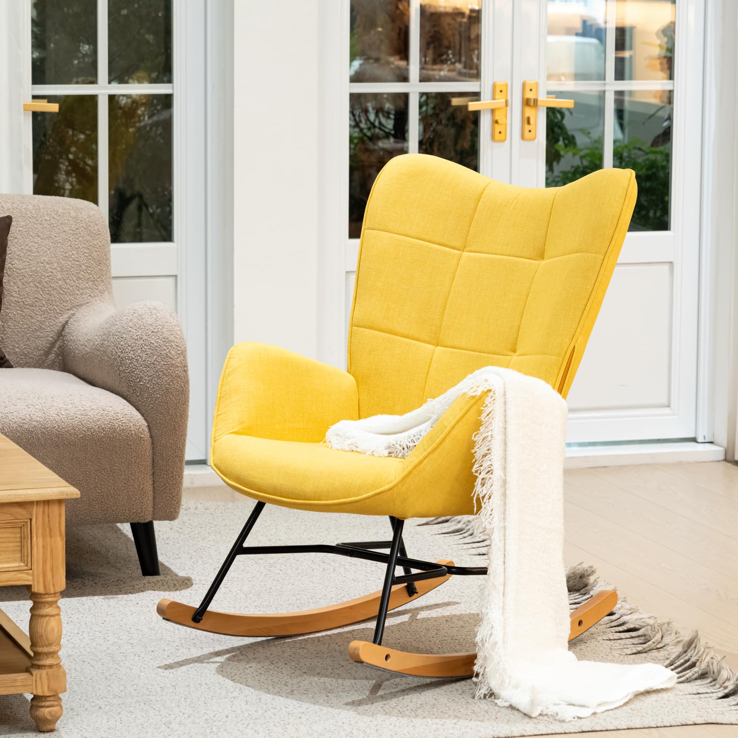 MEUBLE COSY Silla Mecedora Sillón de Relax Especial Lactancia Butaca Acolchada con reposabrazos, Respaldo Alto, de Tela con Patas de Madera Metal, para salón, Dormitorio, Amarillo