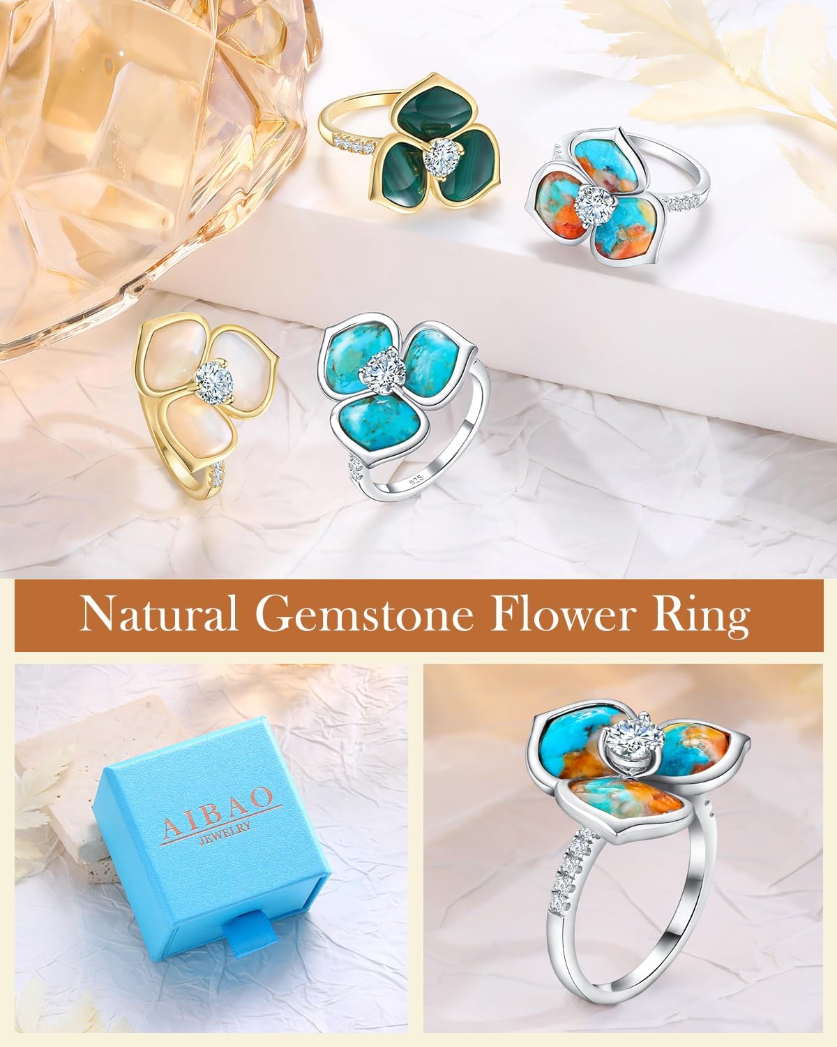 AIBAO Flower Gemstone Rings for Women Three Pental Turquoise/Malachite/Mother of Pearl Flower Ring with Cubic Zirconia Center Sterling Silver Statement Rings Size 6 to 10 - Image 5