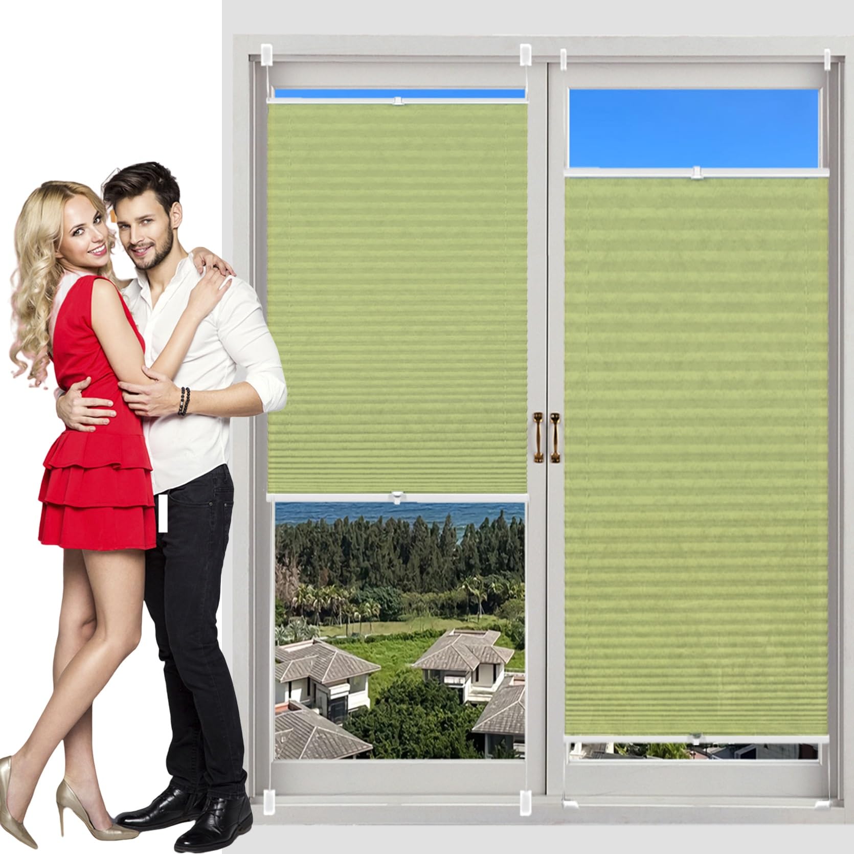 Blackout Blinds Cordless Pleated Blind 20 x 170 cm (W x H), No Tool No Drill Shades Top-Down Bottom-Up, Pleated Louvre Blind Window, Shade Pleated Curtain, for Window Door, Tender Green — image 1
