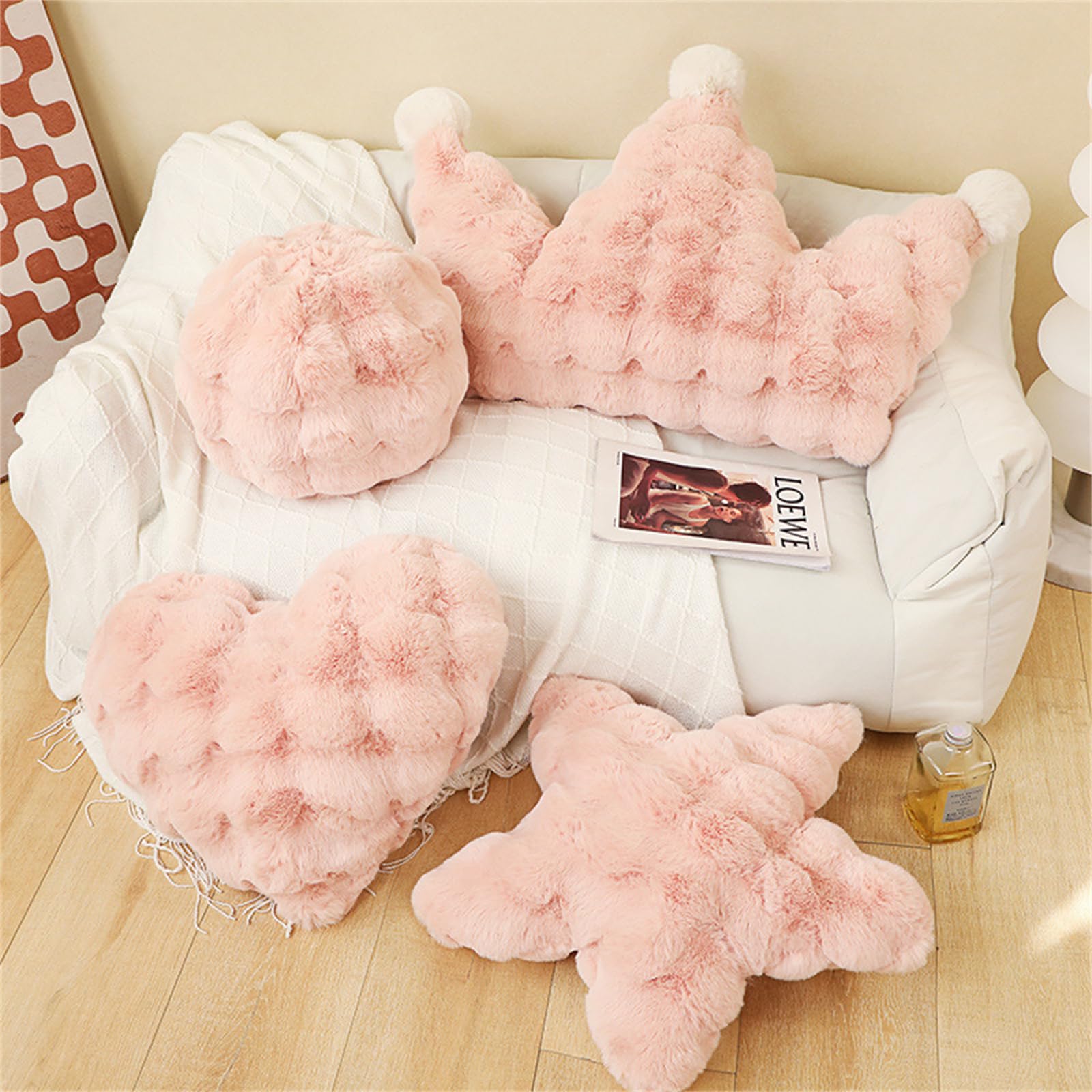 Champracer Plüsch Kissen, Sterne Flauschig Kissen, Flausch Plüsch Dekokissen, Crown Pentagram Love Ball Pillow, Dekoration für Kinderzimmer, Couch, Sofa, Bett (Weiße Krone,70 * 50 cm)