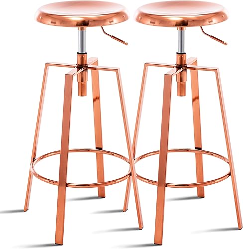 Taburete de bar industrial ajustable, juego de 2 taburetes de bar giratorios redondos de metal, altura de mostrador, silla de bar con marco de metal