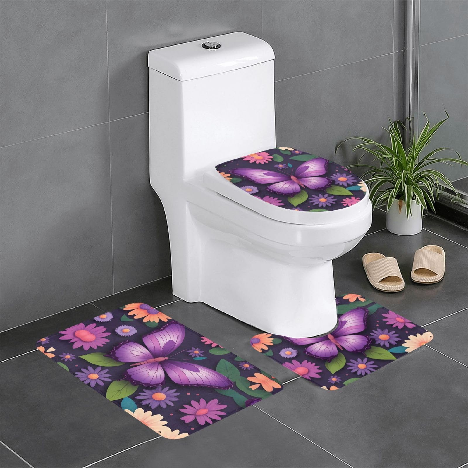 Tapis de bain antidérapants violets à fleurs lot de 3 pièces pour lavabo et toilettes