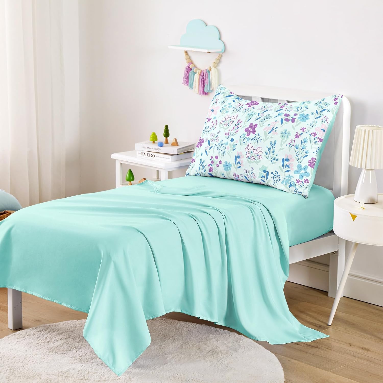 Wake In Cloud - Floral Toddler Bedding Set for Girls, Cute Colorful Botanical Flowers, 4 Pieces Soft Crib Bed Set Including Comforter, Sheets and Pillowcase, Blue Purple