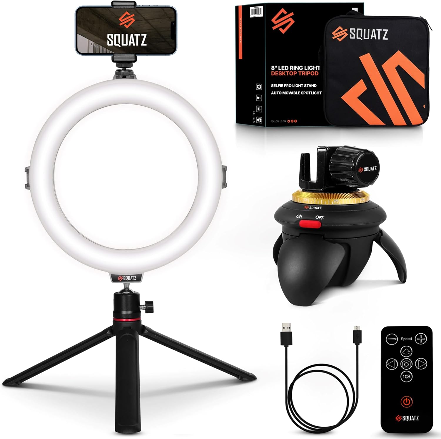 SQUATZ 8'' LED Ring Light with Stand and Phone Holder - 360 Rotating & Standard Tripod Kit - 14W, Remote Control, Adjustable Brightness, Rotation Motion for Vloggers, TikTok, YouTube