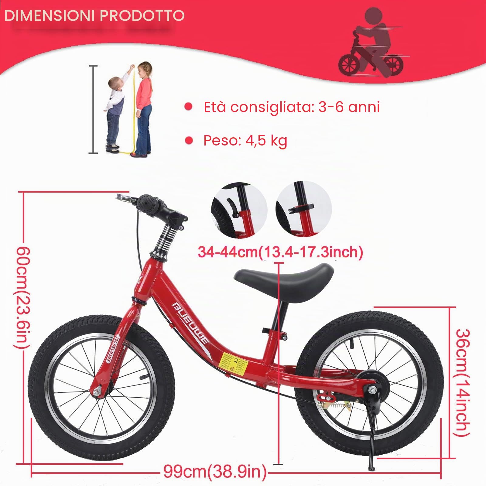 Bici Senza Pedali per Bambini da 2 3 4 5 6 Anni, Ruote in Gomma da 14 Pollici, Freno e Cavalletto, Massimo 40 Kg, Manubrio e Sella Regolabili, Regali di Compleanno per Bambina e Bambino