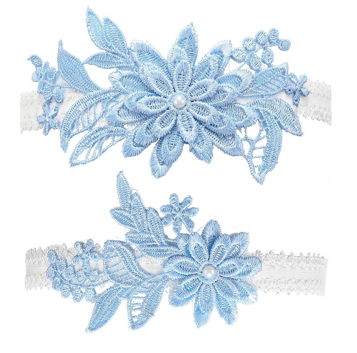 PretishowsWedding Garters Set Lace Bridal Garter Stretchy Floral Garter for Bride Blue White