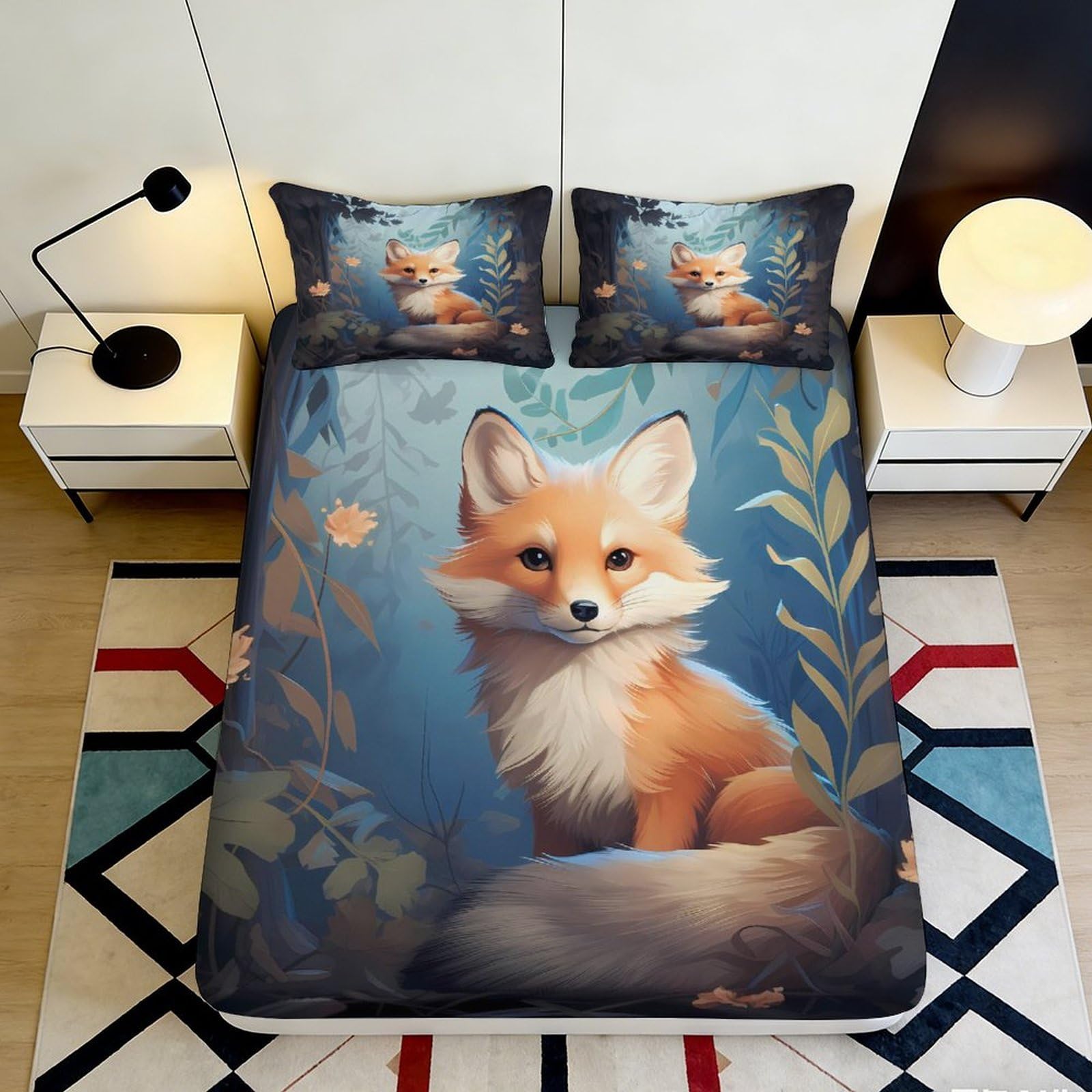 3D Printed Fox Forest Fitted Sheet Microfiber Non-slip Easy Care Orange Animal Mattress Cover for Bedroom Dorm Decor 120x200cm 140x200x25cm