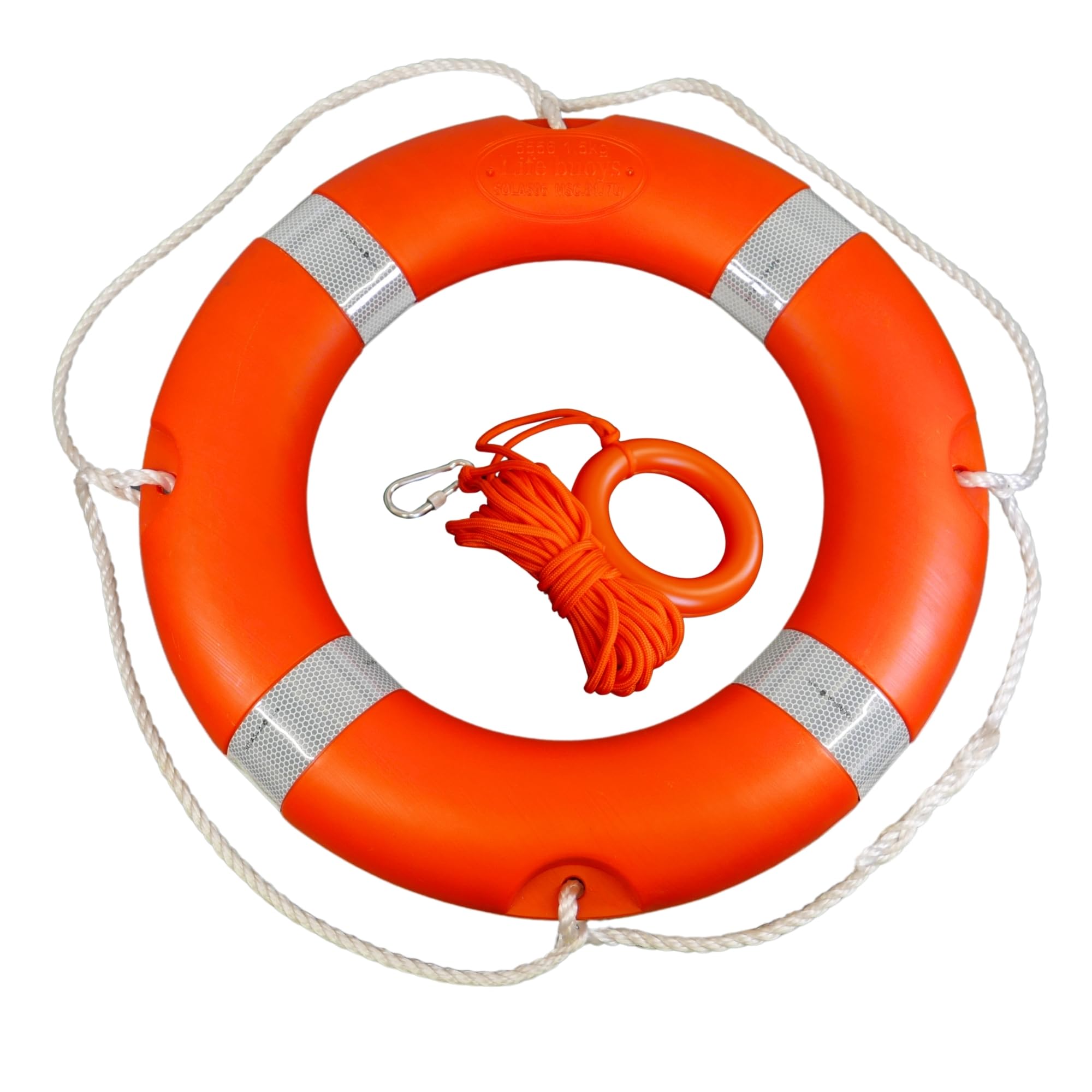 Lifebuoy Throw Ring 58cm Medium Size 1.5kg, with SOLAS Compliant Retro-Reflective Tape + 10m rope throw line and grab ring. Marine Safety Flotation Devices