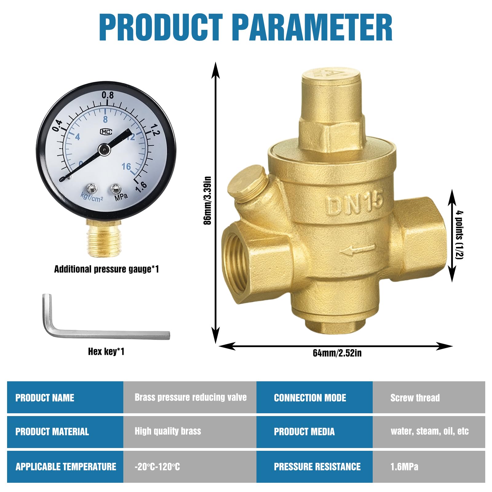 Drukregelaar waterinterface, 1 inch, waterdrukregelaar met waterdrukmeter en mesh-filter, wateroverdrukventiel van messing voor het regelen van de waterdruk