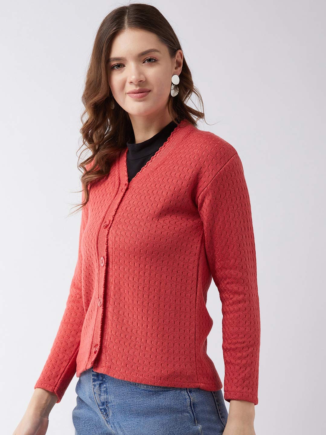 Pivl Self Design V Neck Casual Women Sweater (X-Large, Peach) - Image 3 thumbnail