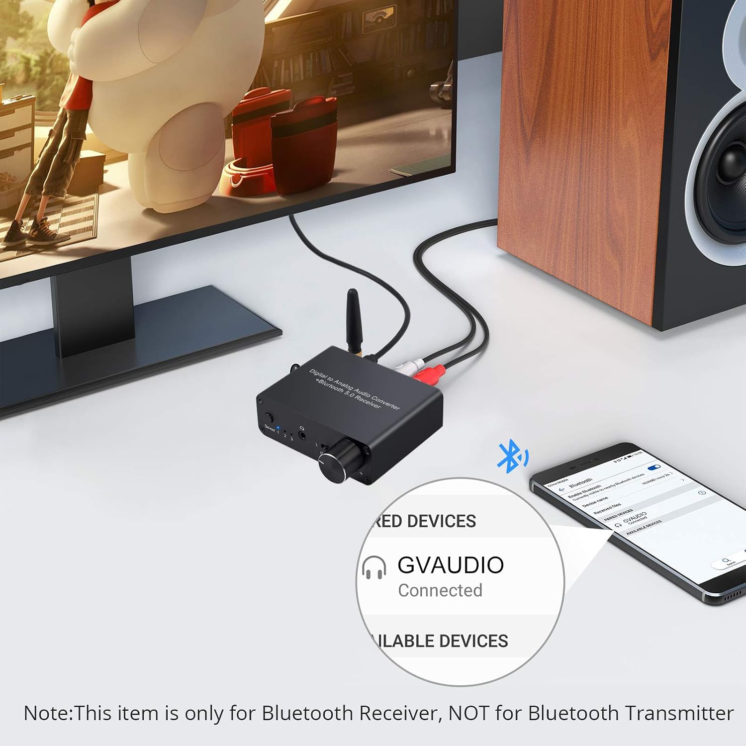 Image showing a smartphone connected via Bluetooth to the LiNKFOR DAC converter, with 'GV AUDIO Connected' displayed on the phone screen.