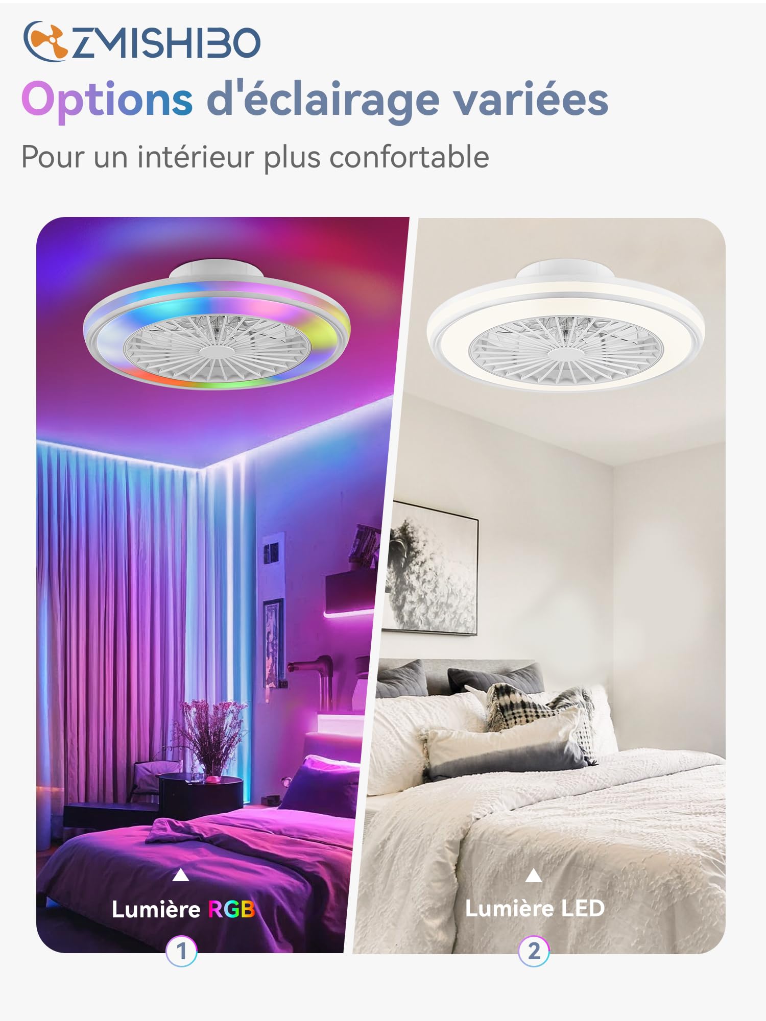 ZMISHIBO Ventilateur de plafond silencieux avec lumière 49,5 cm, sans pales, LED 32 W + moteur DC 16 W, 6 vitesses, 3 couleurs, APP & télécommande, minuterie, lampe ventilateur plafond blanche（RGB）
