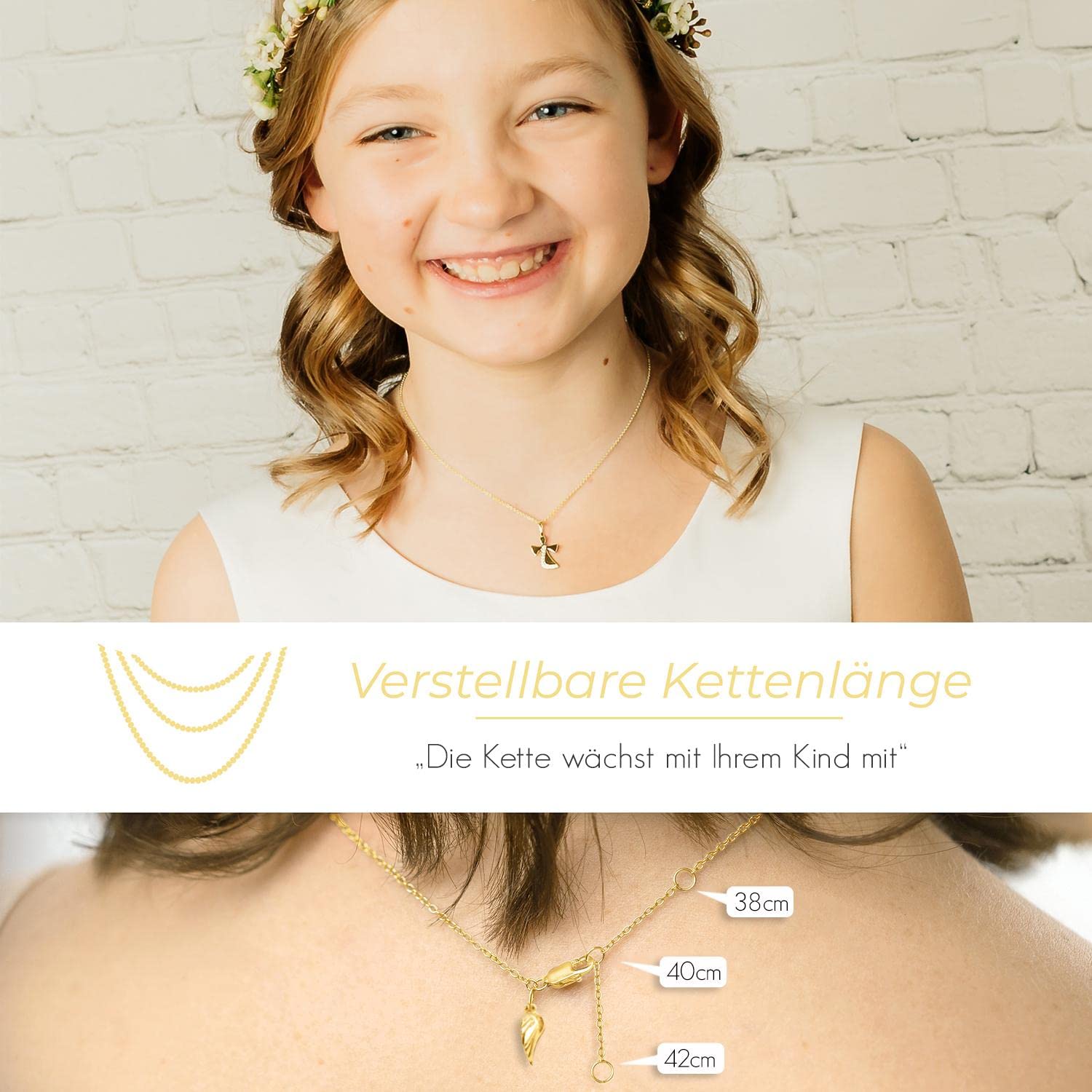 Schutzengel Kette Mädchen Gold (Silber 925 vergoldet)| Engel-Anhänger Halskette | Kinder-Schmuck Erst-Kommunion Tauf-Geschenk Konfirmation Firmung Geburt Taufe | Goldkette Kinderkette Taufkette