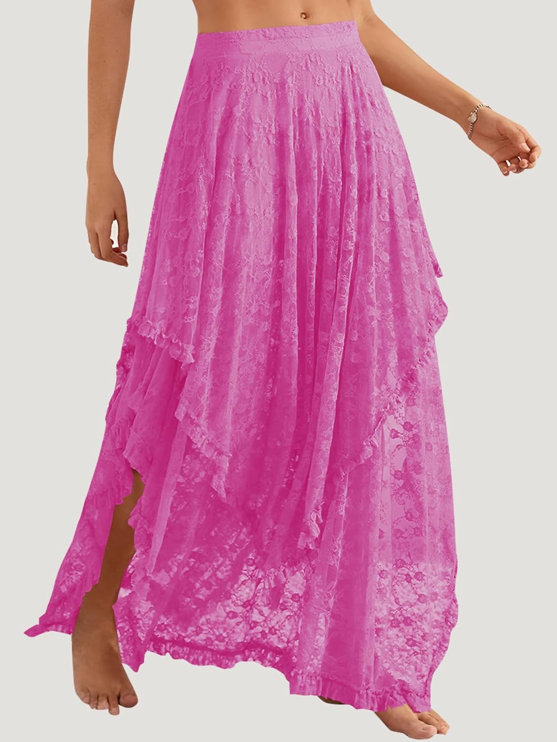 YKR Womens Lace Long Skirts Elastic Asymmetrical Layered Hem Sexy See-Through Flowy Skirts Floral Beach Maxi Skirt