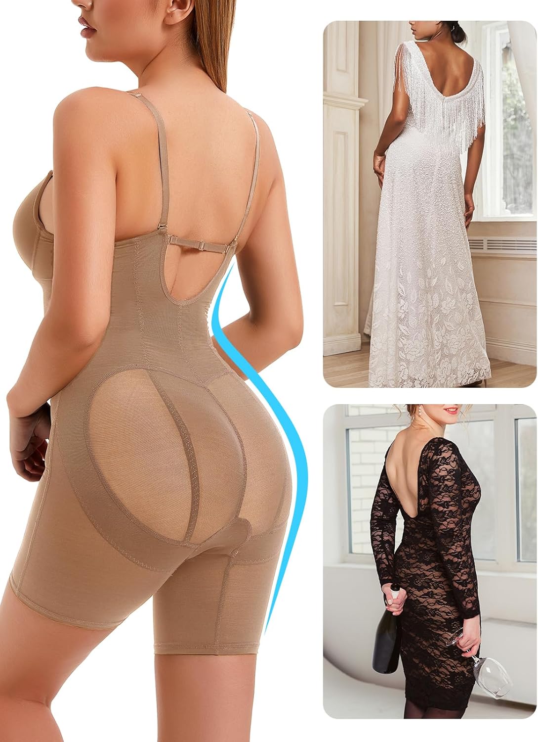 Decorus Women's Low Back Full Deep Plunge Strapless Bodysuit Mid Thigh Backless Shapewear Tummy Control Shaping Body Shaper - Image 2