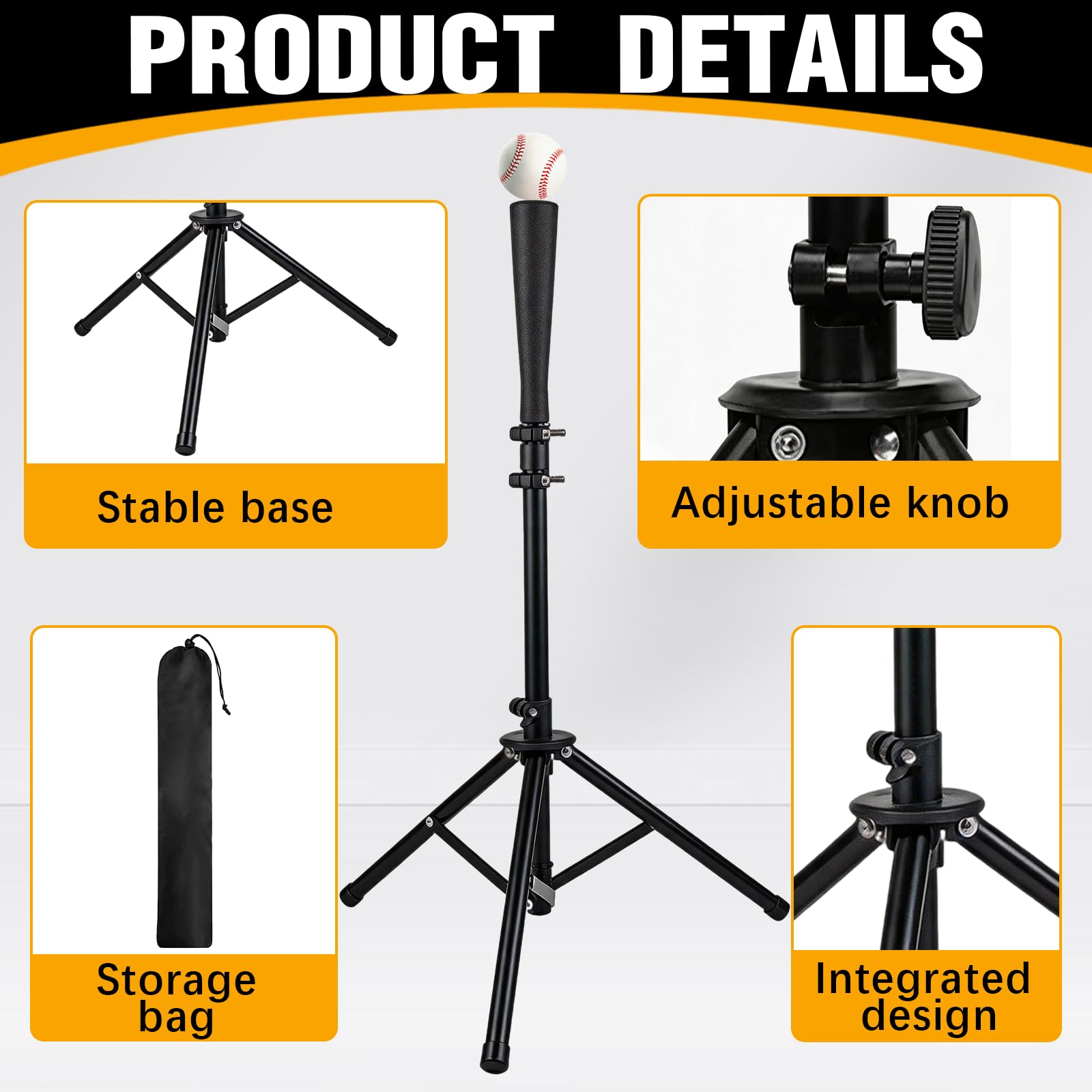 BRGD Noir Tee de Baseball avec Trépied, T-Shirt de Baseball et Softball Portable avec Sac Transport pour Terrains, Stades, Aires de Jeux, Cours Intérieures, Parcs, H : 72 à 121cm