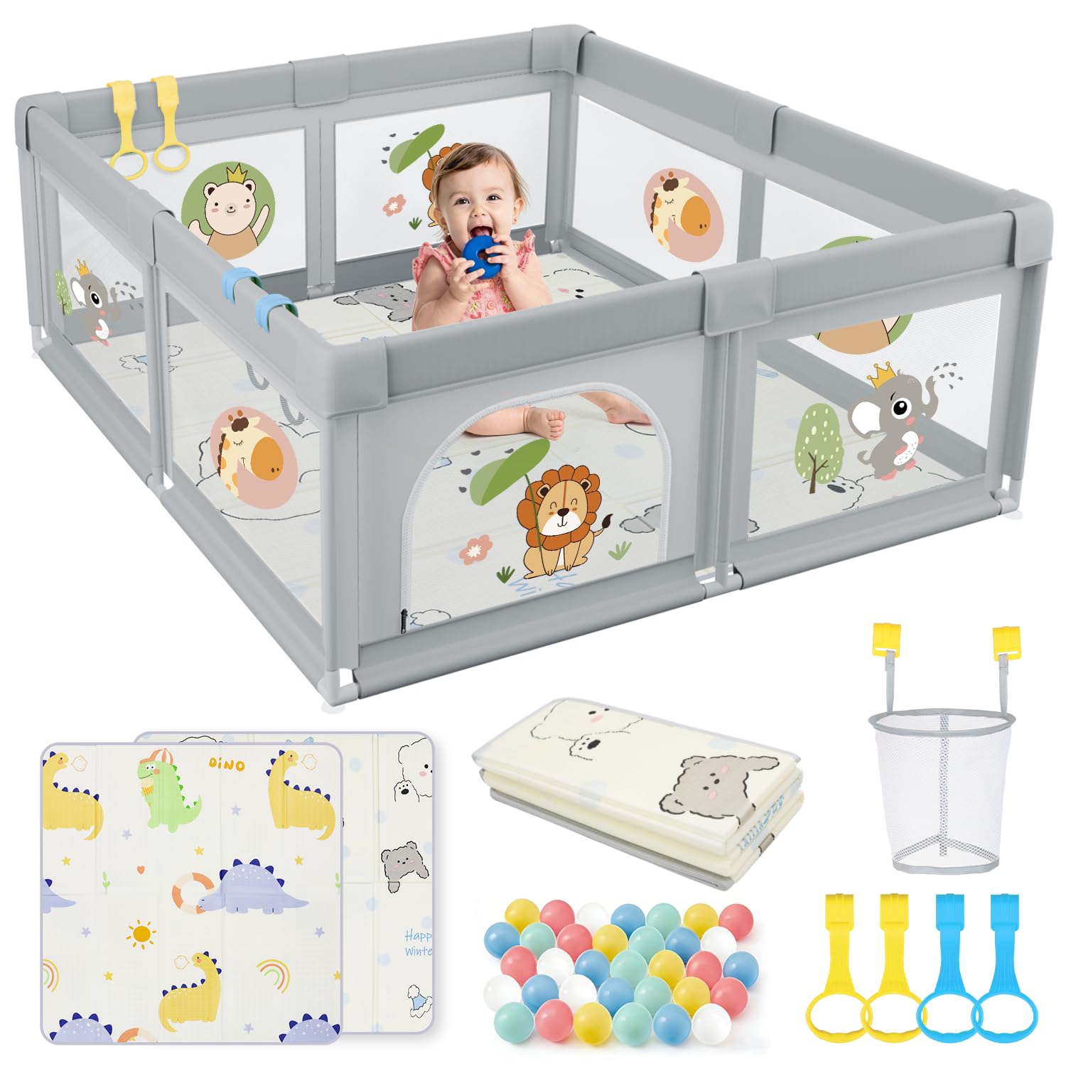 Laufstall Baby mit Matratze 120x120, Kleines Laufgitter Baby mit Saugnapfbasis, 360° Atmungsaktivem Netz und 210D Oxford Gewebe, Stabiler & Sicherer Babyspielplatz, 60 Bällen & 4 Zugringe