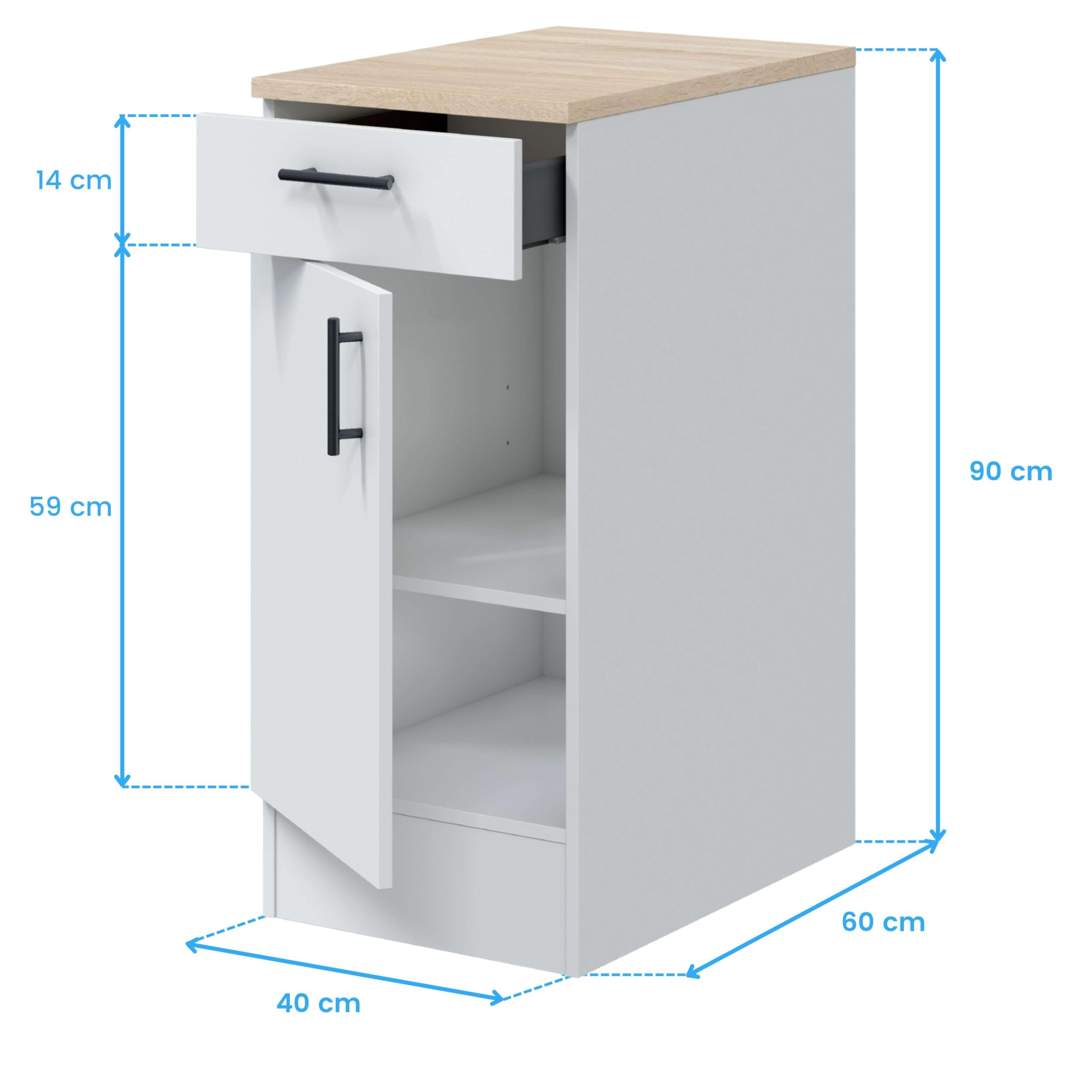 Bricohabitat Módulo Inferior Cocina Estrecho Moderno Kira 1 Puerta 1 Cajón Blanco Brillo y Roble Canadian 40x90x60 cm