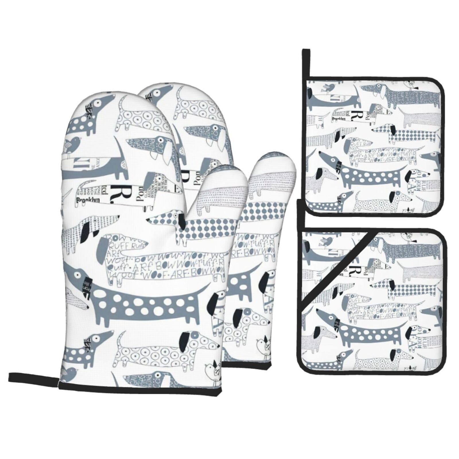 Cute Dachshund Dog Print 4-Piece Oven Microwaving Set Waterproof Kitchen Gloves for Baking Grilling Cooking