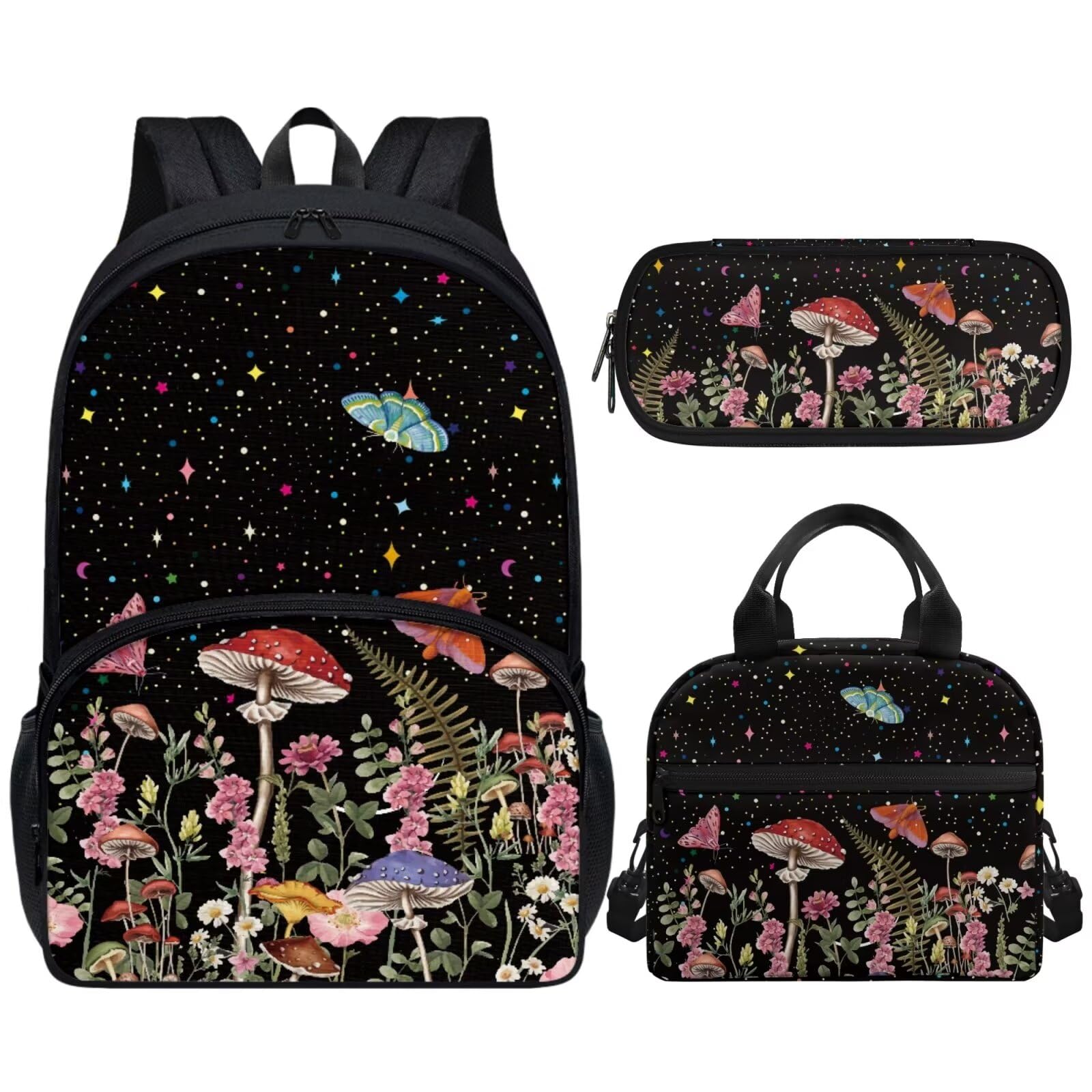 Luarisgur Moth Mushroom Kids Backpacks with Lunch Bag for Girls Elementary School Bookbag Back to School Supplies Back Pack for Children Schoolbag