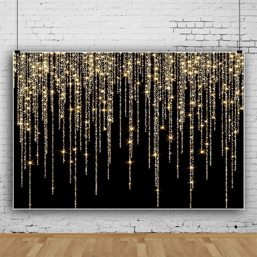 Sfondo fotografico glitterato nero e oro con scritta "Happy Birthday" per donne e uomini, matrimoni, baby shower, Natale, Capodanno, feste, striscione per studio fotografico, 1,8 x 1,8 m