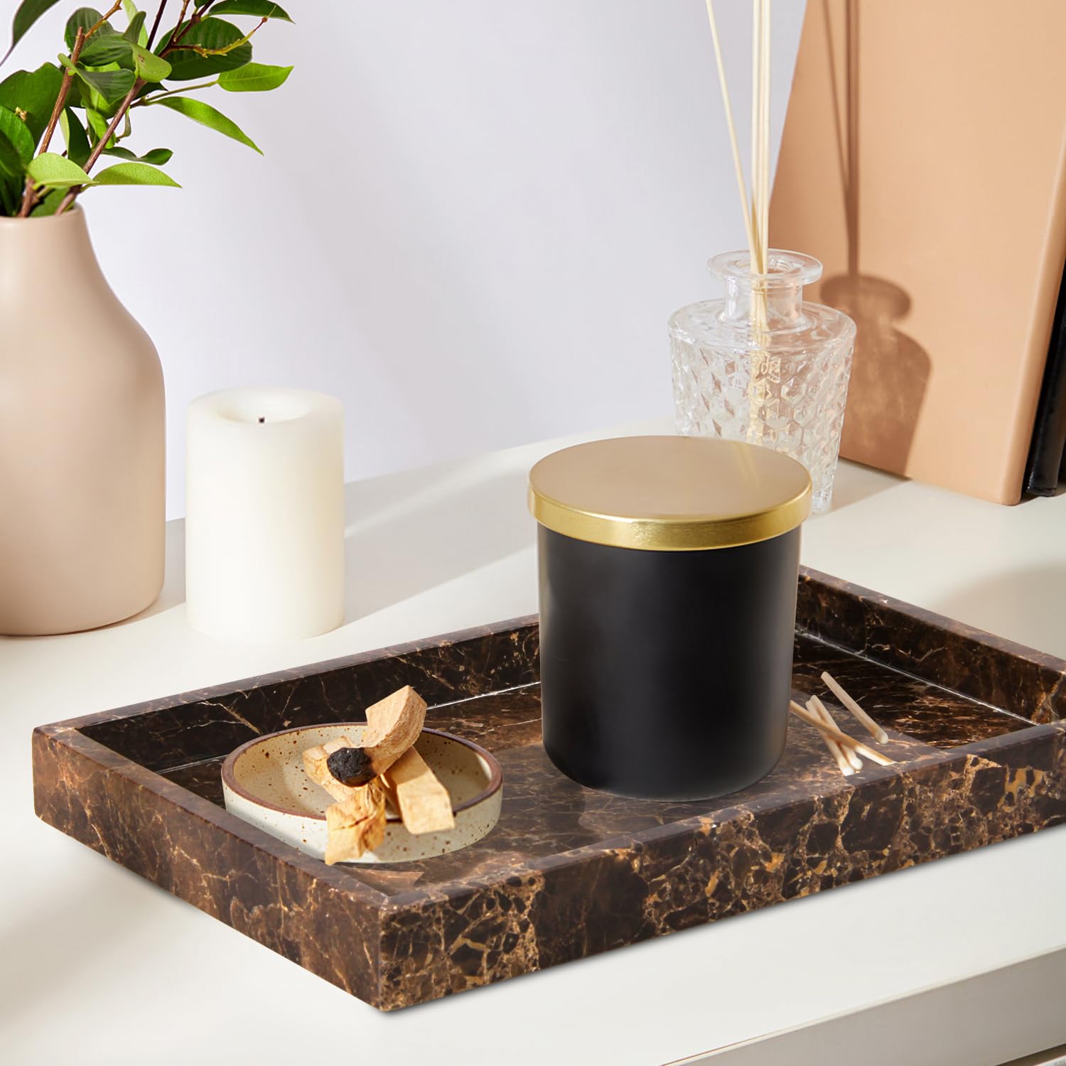 Vassoio da bagno in marmo naturale, di lusso, per casa, cucina, bagno, tavolo, vassoio decorativo in pietra, per chiavi, caffè, profumi, gioielli, trucco (marrone scuro, 30,5 x 20,3 x 3 cm)