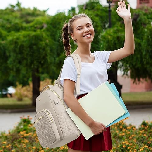 Miniatura 7 de RJEU Mochila escolar de viaje para mujeres y niñas, mochila ligera para laptop, mochila universitaria, mochila trasera, mochila impermeable, Beige2,