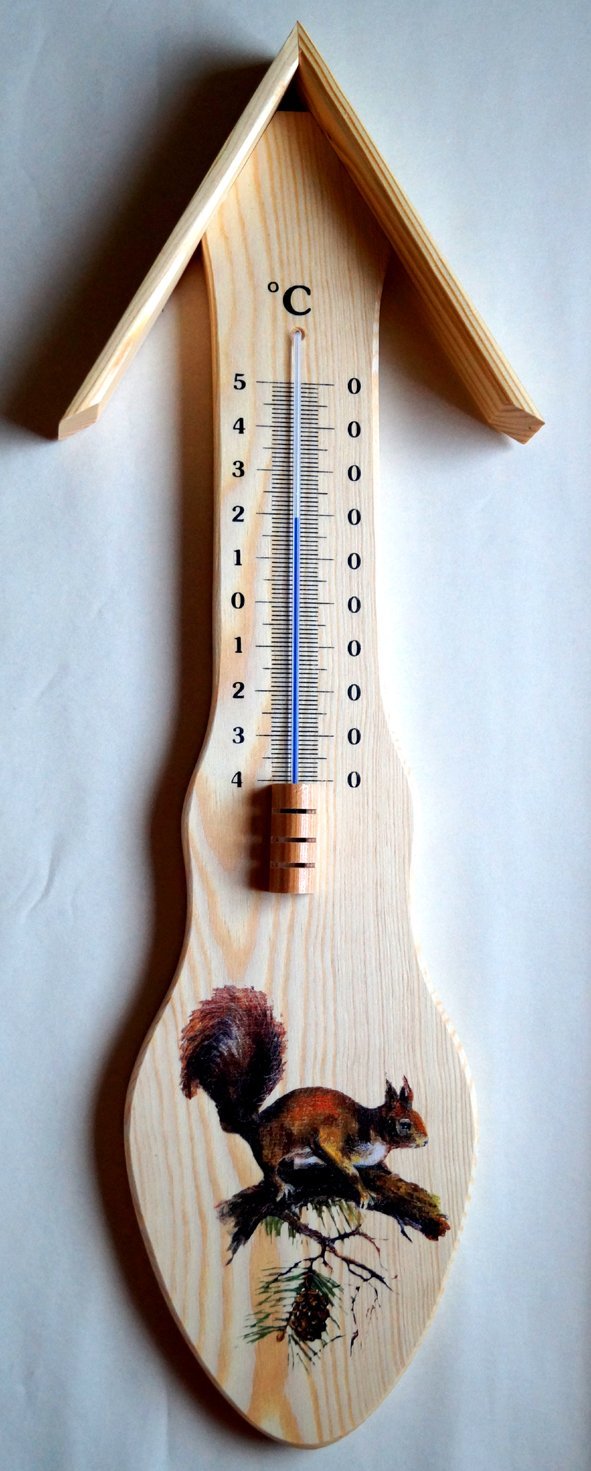 Thermometer Eichhörnchen. Ein wunderschönes aus Nadelholz gefertigtes Thermometer für Innen und Außen. Die Höhe ist 50 cm. Temperaturanzeige von -40 bis +50 °C.