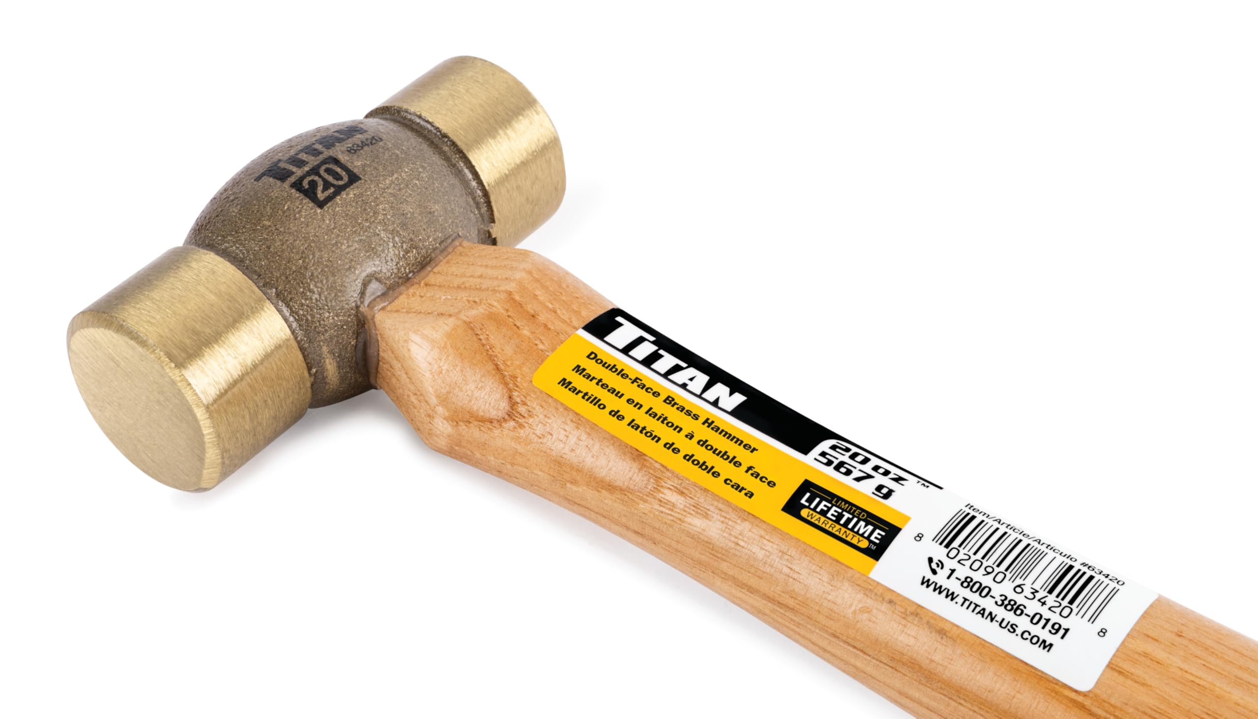 Titan 63420 20oz Double-Face Brass Hammer with Hickory Handle