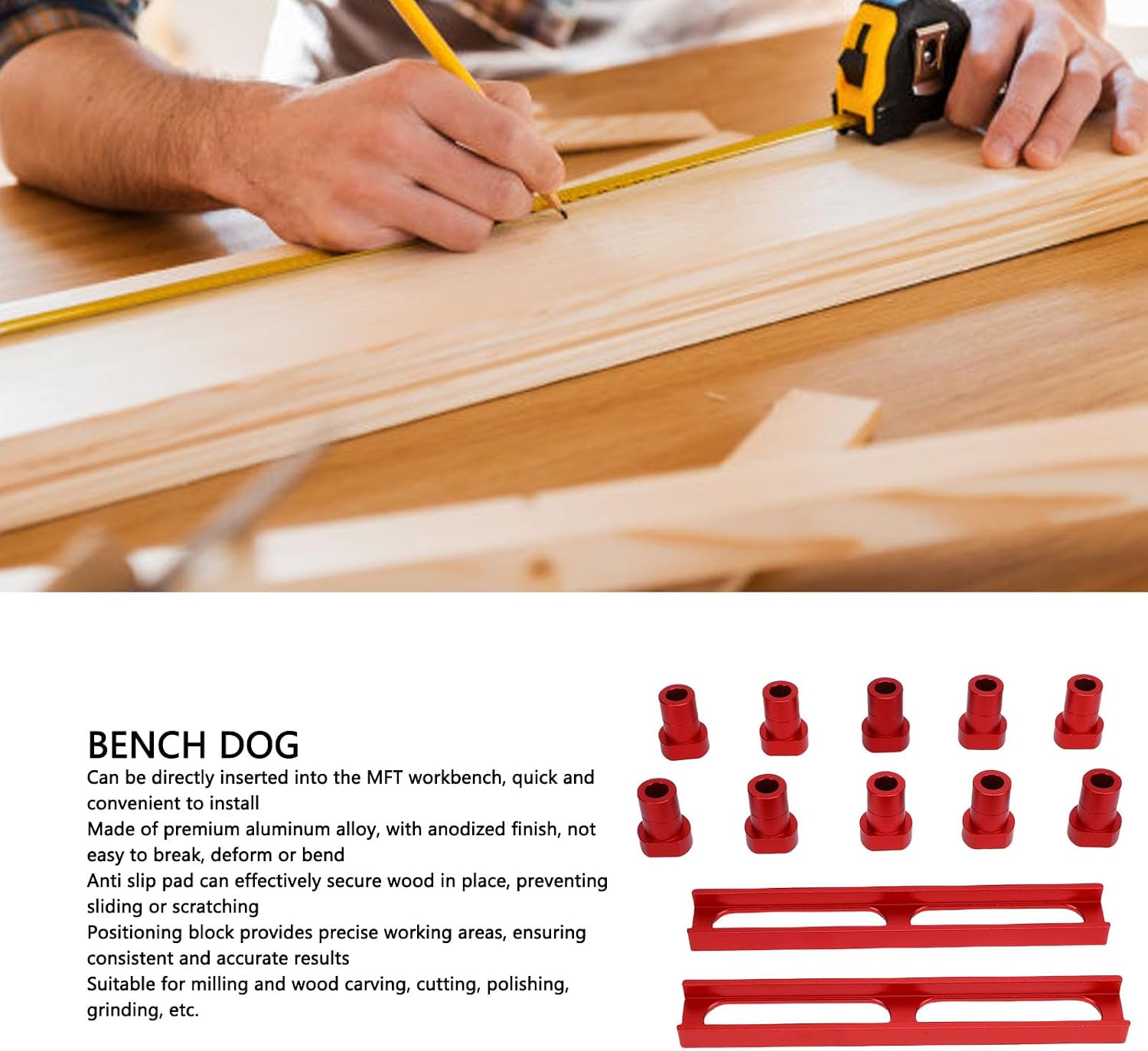 FTVOGUE 20mm Bench Dogs Aluminum Alloy Red, Non Slip Dog Clamp Stops with Desktop Block for Woodworking Workbench