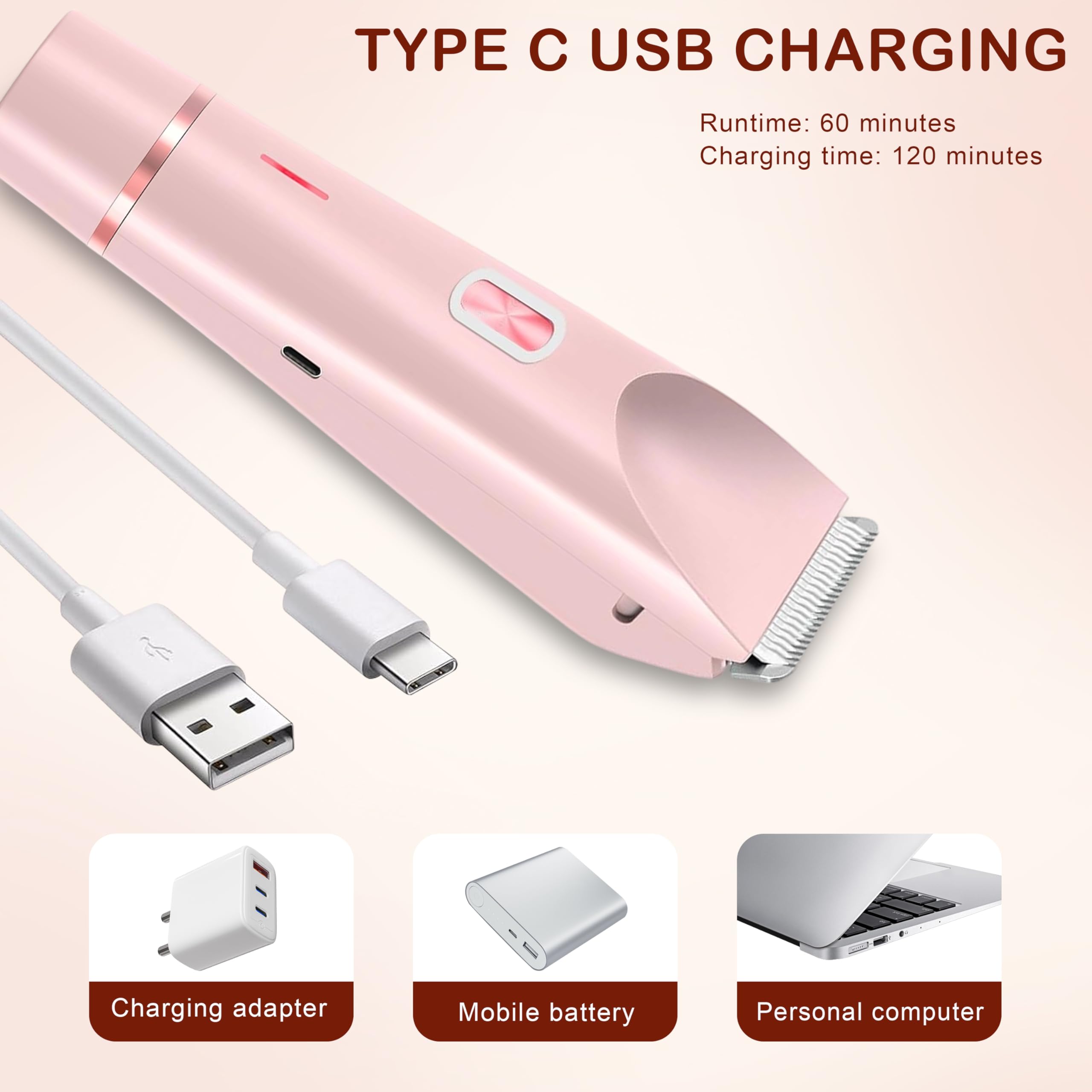 Golarka intymna dla kobiet, 2 w 1, elektryczna golarka z ładowaniem USB C, wodoszczelna, do użytku na sucho i na mokro, do twarzy, nóg i strefy bikini, różowa