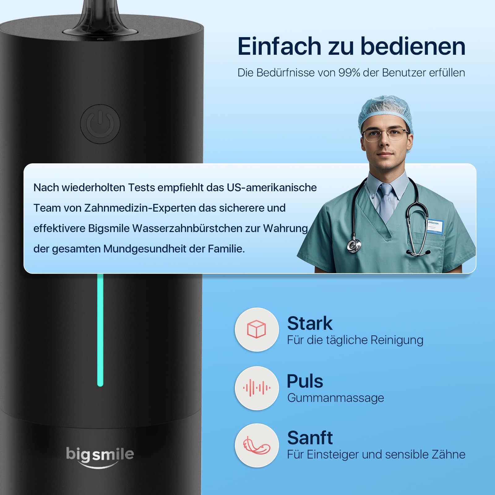 Bigsmile Wasserzahnseide, tragbarer Mundreiniger, wiederaufladbarer Reisemundreiniger, professioneller elektrischer Zahnspritzer, IPX7 wasserdicht, Effektiv den Mund sauber und gesund halten (schwarz)