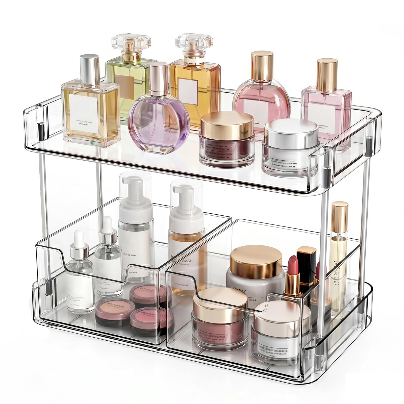 Jesslab Transparent Clear Makeup Organizer, 2-Tier Vanity Storage With Removable Drawers, Large Capacity Cosmetic Rack For Tall Bottles, Perfume, Lipstick, Bathroom Countertop