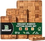 BAMBANG Planche de coupe en bambou pour cuisine avec rainure de jus, planches de découpe en bloc de boucherie en bout, planche à découper en bois à carreaux 3 avec support, Couteau-Amis, Plateau de service
