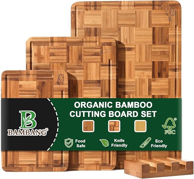 BAMBANG Planche de coupe en bambou pour cuisine avec rainure de jus, planches de découpe en bloc de boucherie en bout, planche à découper en bois à carreaux 3 avec support, Couteau-Amis, Plateau de service