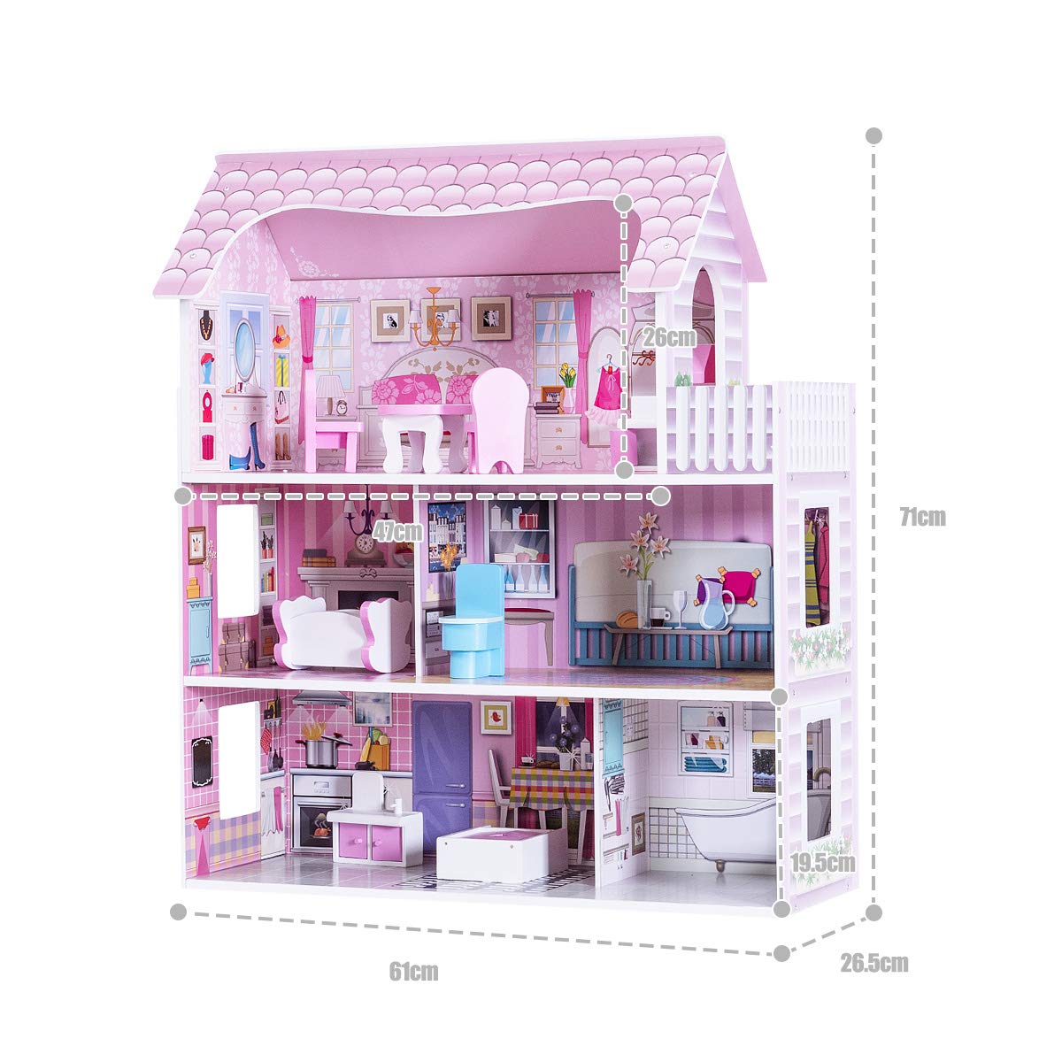 GOPLUS Casa de muñecas con Muebles y Accesorios, casa de muñecas con 3 Niveles de Juego con Accesorios, casa de Princesa, casa de Juegos con Sala de Estar, Dormitorio o baño