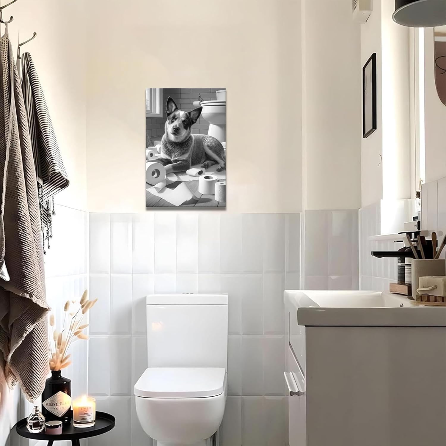 Trendy Australian Cattle Dog Bathroom Posters Black And White Heeler Toilet Canvas Wall Art Funny Room Aesthetic Prints Painting For Home Bedroom Dorm Wall Decor 16x24in Wframed