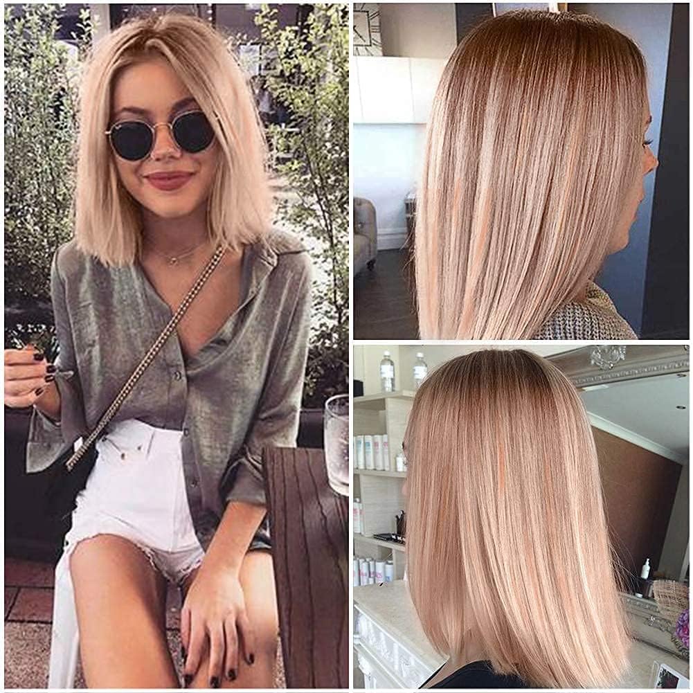Lady Miranda 14 Inches Straight Hair Bob Wig Ombre Brown to Ash Blonde Color Middle Part Synthetic Full Wigs for Women Halloween Wigs Cosplay Wigs (Brown&Ash blonde)