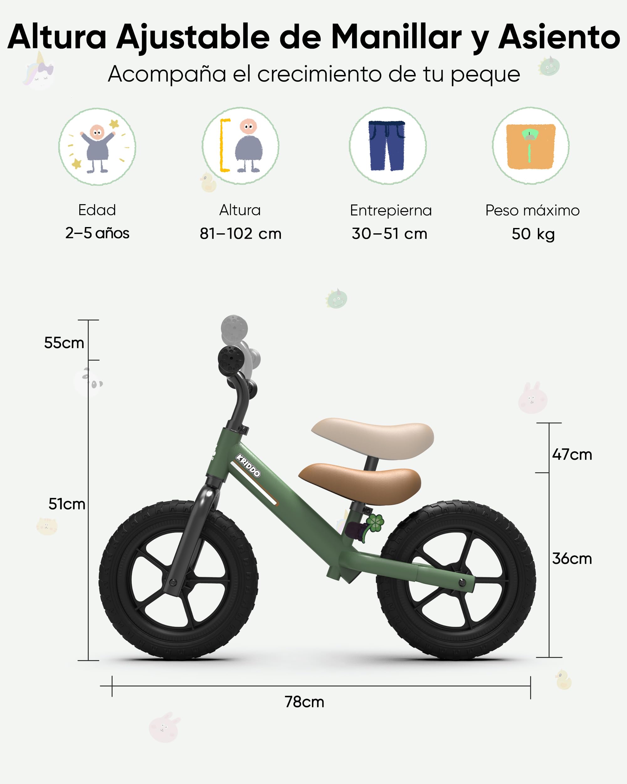 KRIDDO Bici sin Pedales para Niños de 2 a 5 Años, Sillín Ajustable